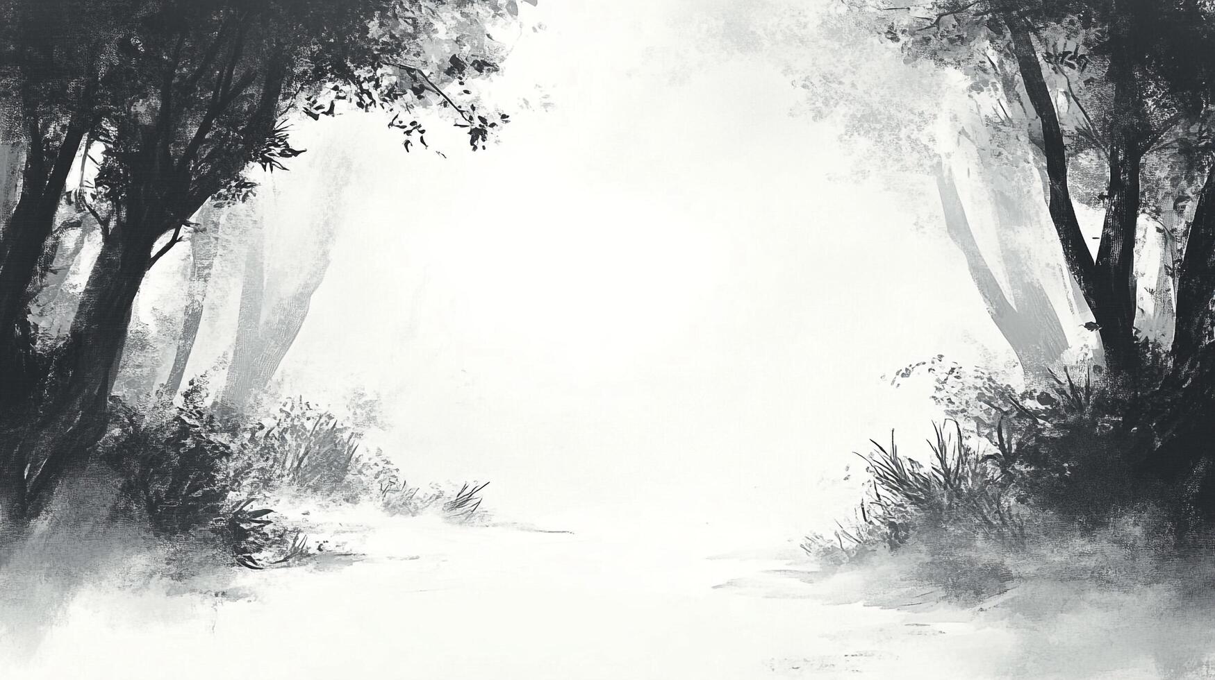 Monochrome painting of a path disappearing into mist, framed by silhouetted trees and foliage, evokes a sense of mystery and tranquility. photo