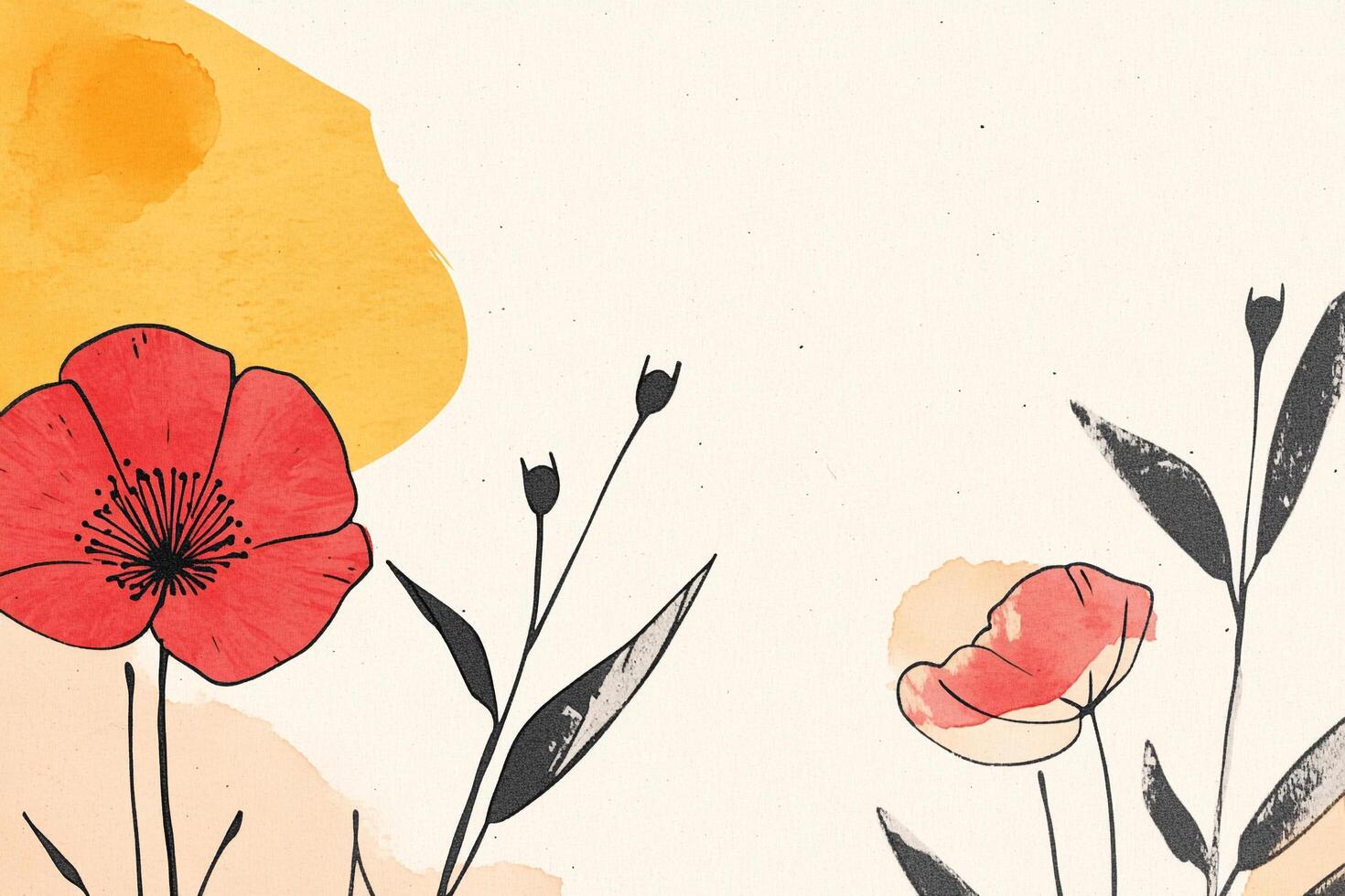 Delicate botanical art featuring red poppies, dark foliage, and subtle yellow and peach watercolor accents on a light background. photo