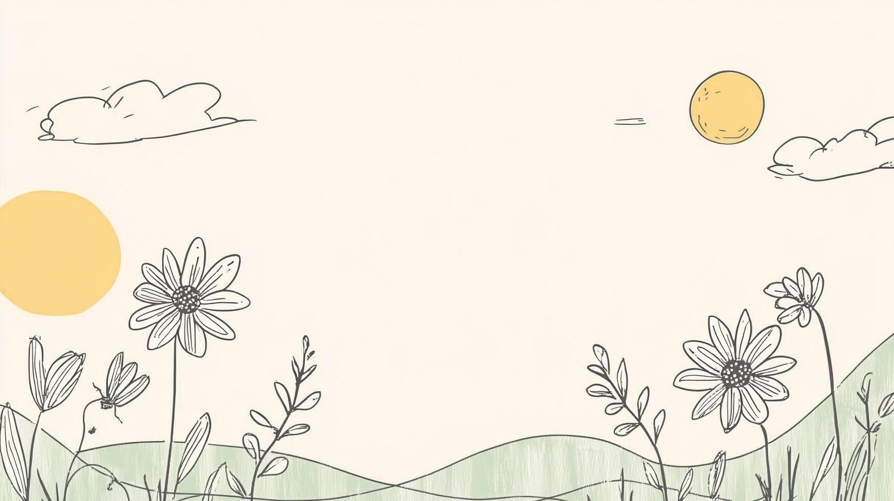 A serene hand-drawn illustration of a sunny meadow with wildflowers, clouds, and gentle rolling hills under a warm sky. photo