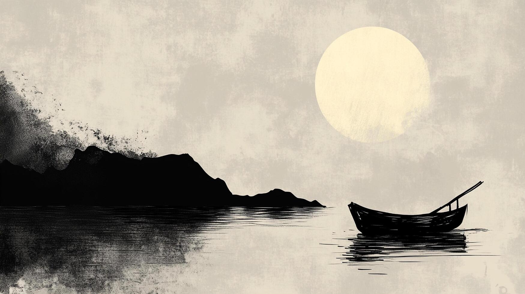 Serene landscape featuring a silhouette boat on calm water against a backdrop of mountains under the moonlight on pale, textured scenery. photo