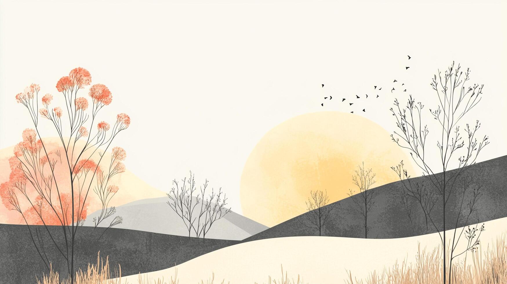 An abstract landscape of hills at sunset with trees and birds creates a calming and peaceful atmosphere in muted, natural colors. photo