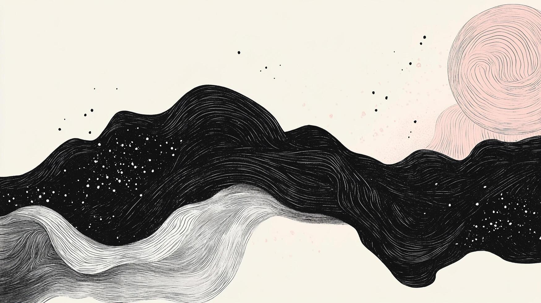 Abstract landscape featuring flowing lines and a celestial orb, evoking a sense of peacefulness and mystery. Ink drawing. photo