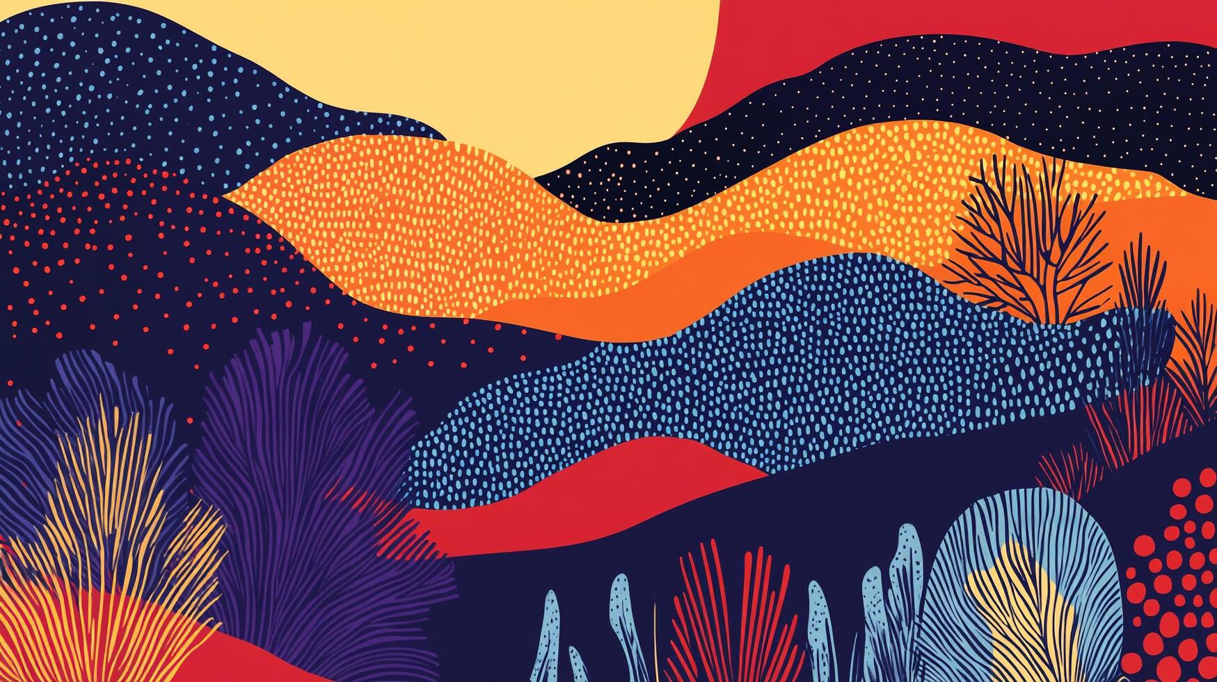 Abstract landscape with hills and colorful trees, dotted patterns, and a warm sunset creating a serene and artistic scene. photo