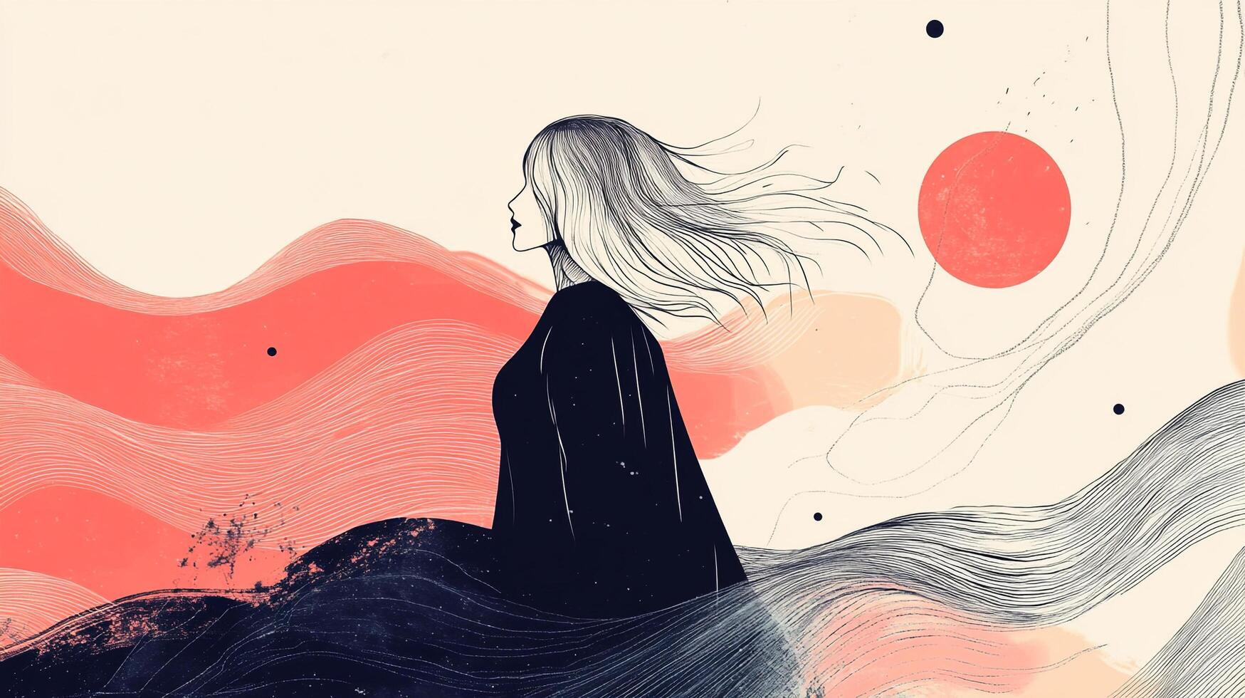 Artistic depiction of a woman in flowing attire against an abstract background featuring stylized waves and a red circular element. photo