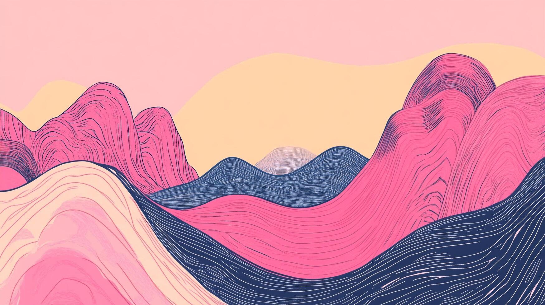 Abstract pink and blue mountain landscape with a light orange sky and a gentle sun rising behind the mountains. photo