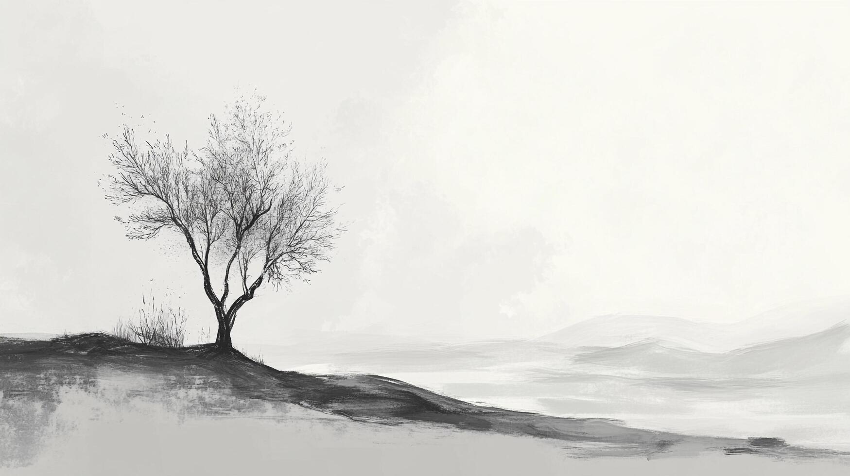 A lone tree stands silhouetted against a misty landscape in a monochrome painting, evoking serenity and the beauty of simplicity. photo