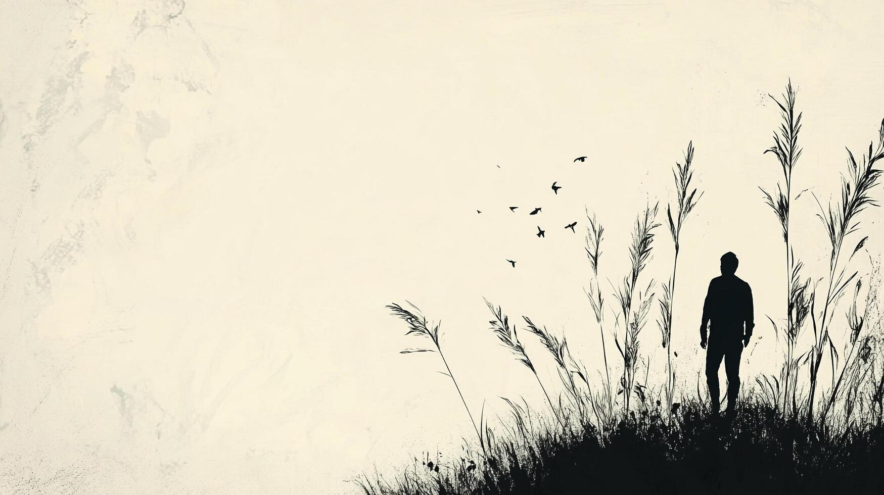Silhouette of a person standing among tall grass with birds flying above in a minimalist, stark illustration. Serene and solitary scene. photo