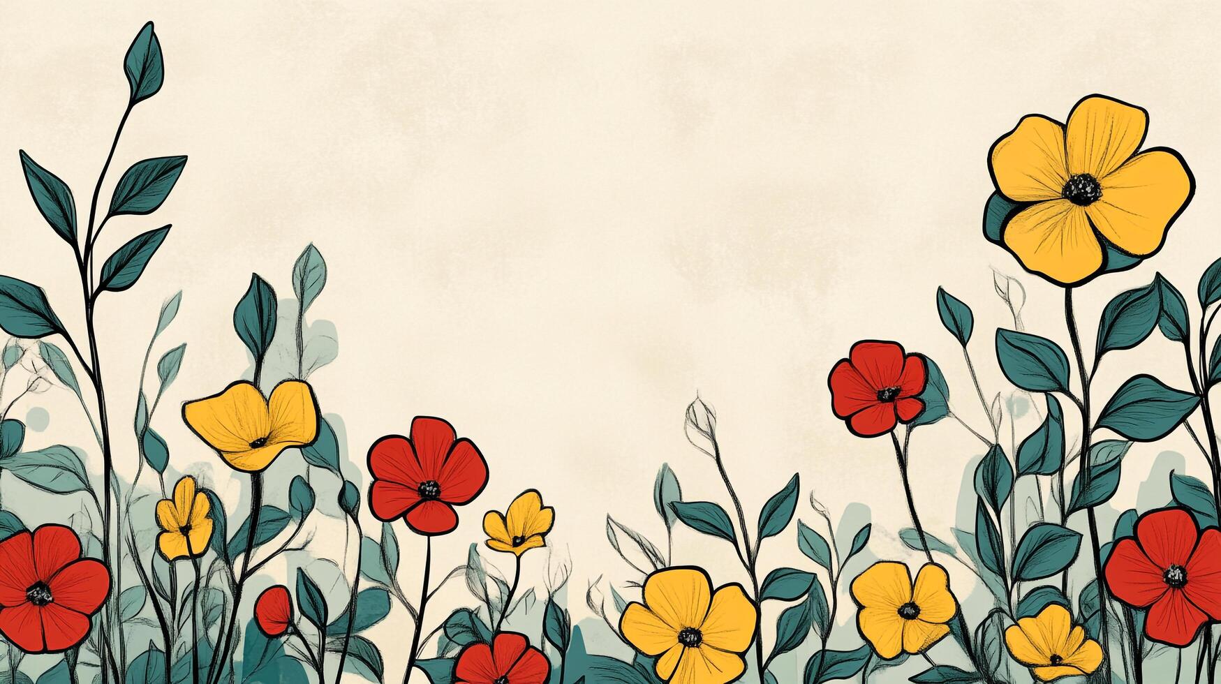 A whimsical illustration of red and yellow flowers with teal leaves against a neutral backdrop, evoking a sense of spring. photo