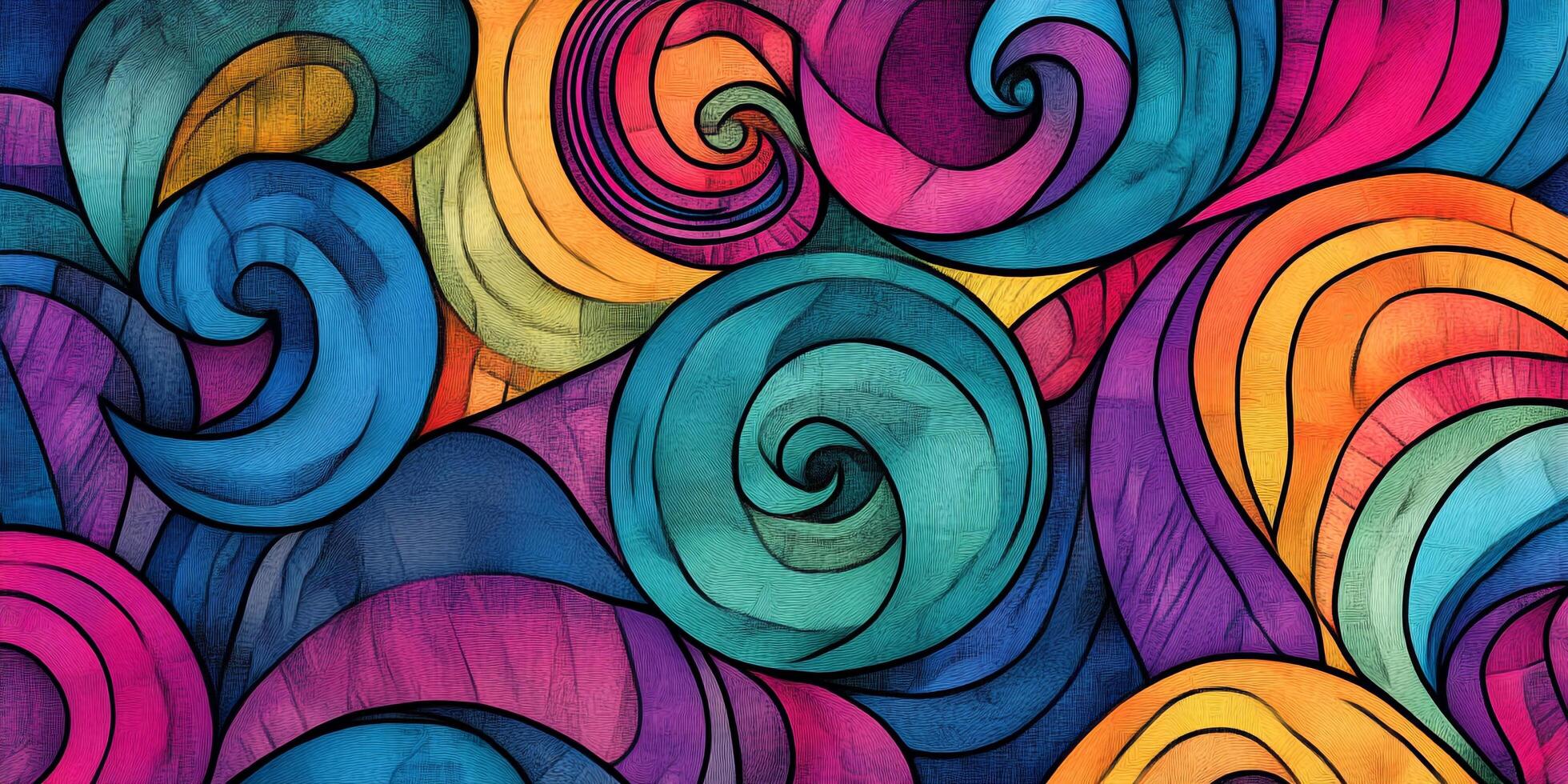 Colorful swirl pattern with vibrant hues and intricate details. A stunning piece of abstract art that captivates with its dynamic swirls. photo