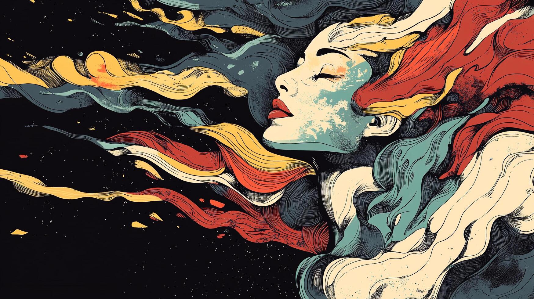 Abstract depiction of a woman with flowing hair, evoking a sense of dreams, introspection, and artistic beauty. photo