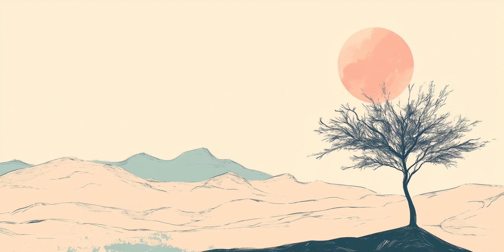 Minimalist landscape art with a bare tree silhouetted against a peach sun and rolling hills, creating a serene and artistic scenery. photo