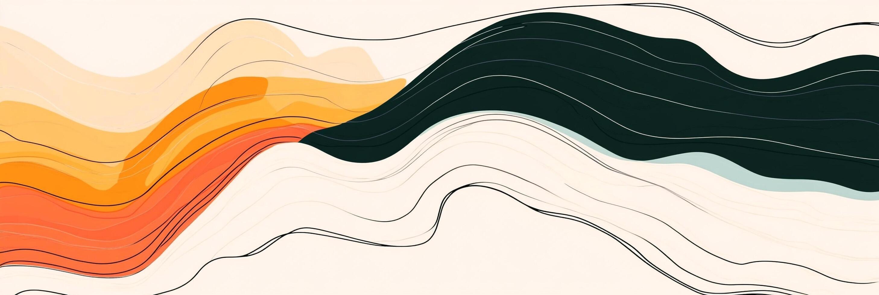 Abstract flowing lines create a dynamic wave pattern in shades of orange and dark green, evoking nature and modern art. Simple and elegant. photo