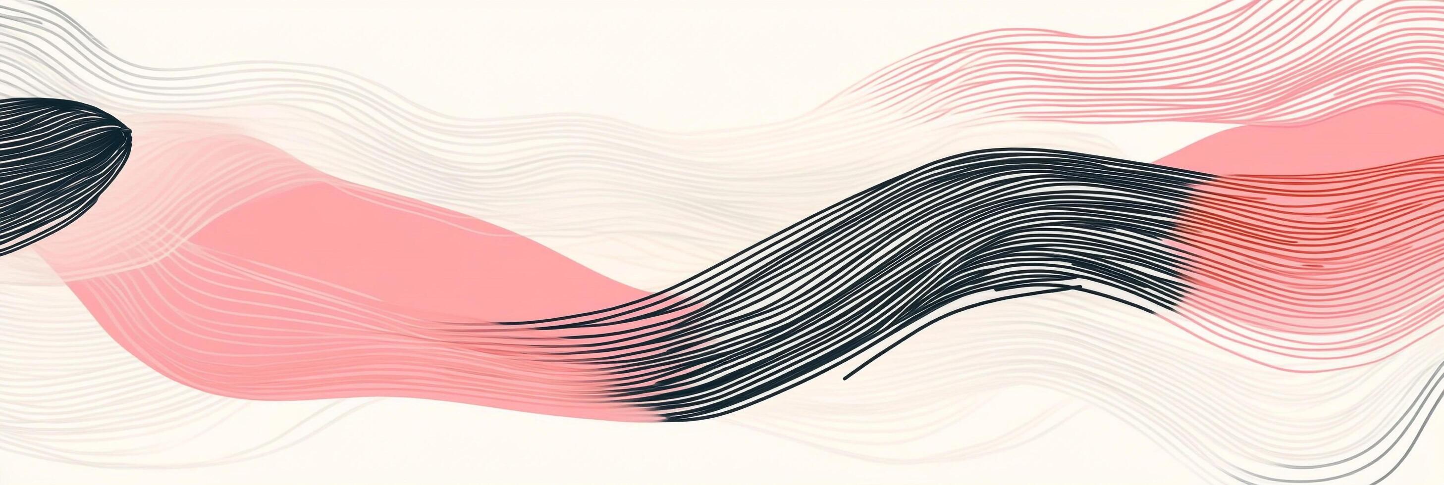 Abstract art featuring flowing lines in coral, black, and white, creating a sense of movement and gentle waves, with a calm backdrop. photo