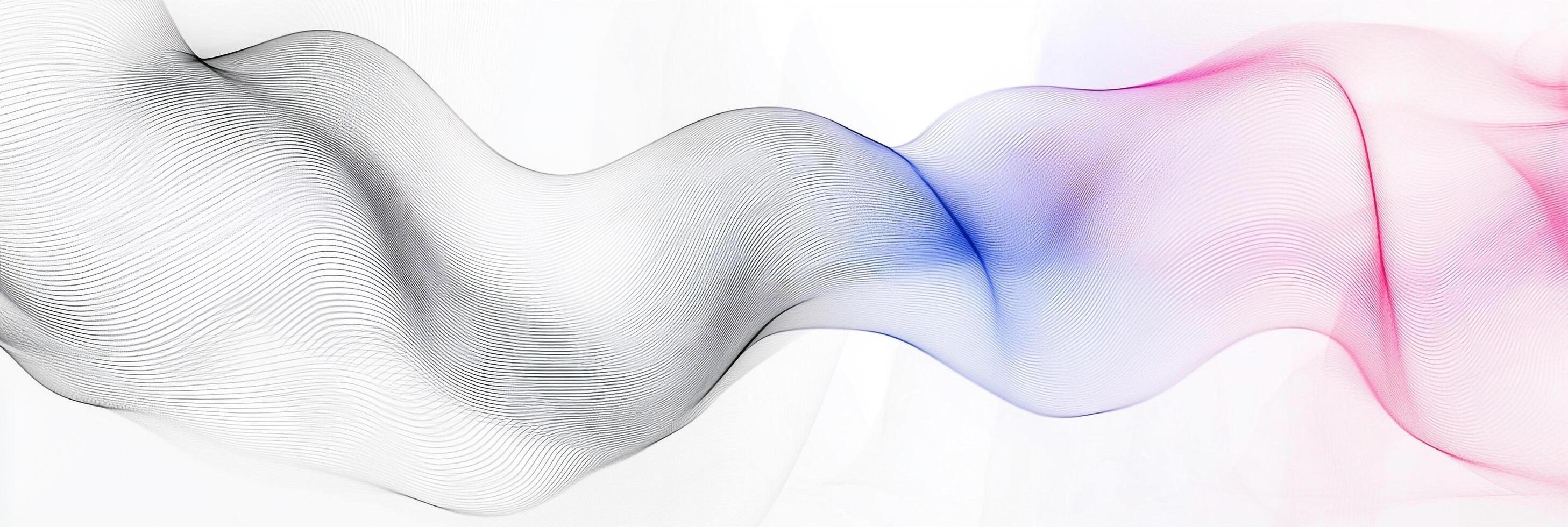Abstract flowing lines of grey, blue and pink creating a dynamic movement against white background. Digital art with delicate wave aesthetic. photo