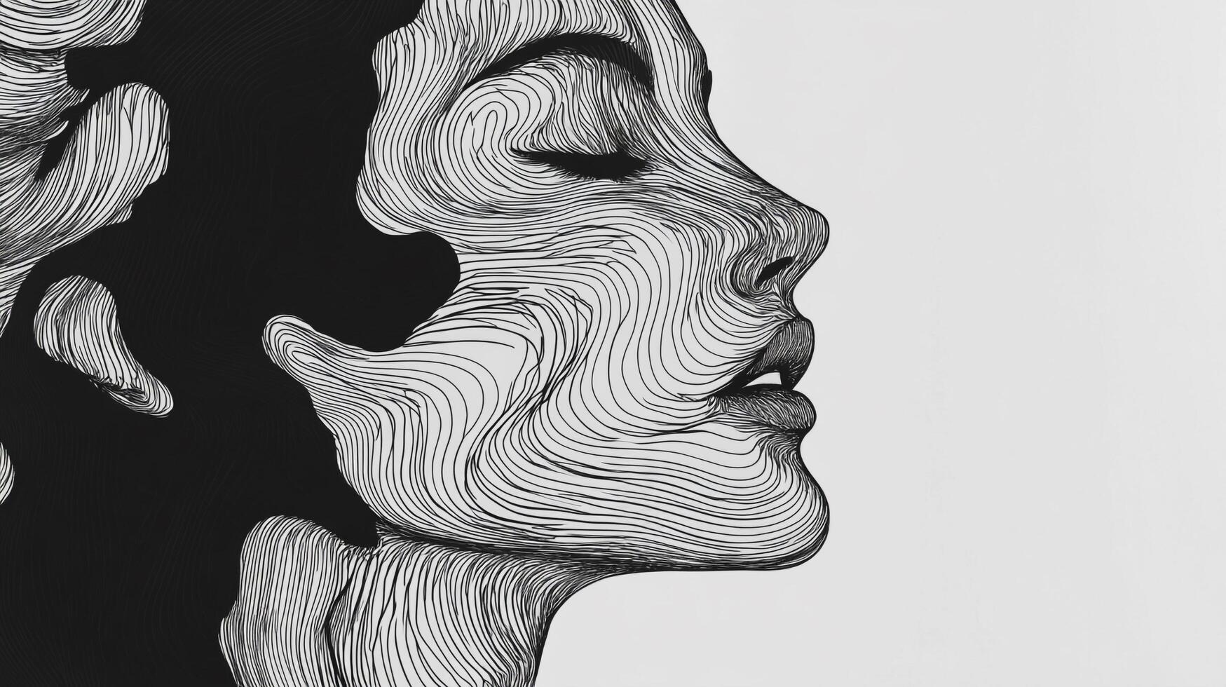 Abstract line art of a woman's profile with eyes closed, capturing her facial expression in a flowing, minimalist style. photo
