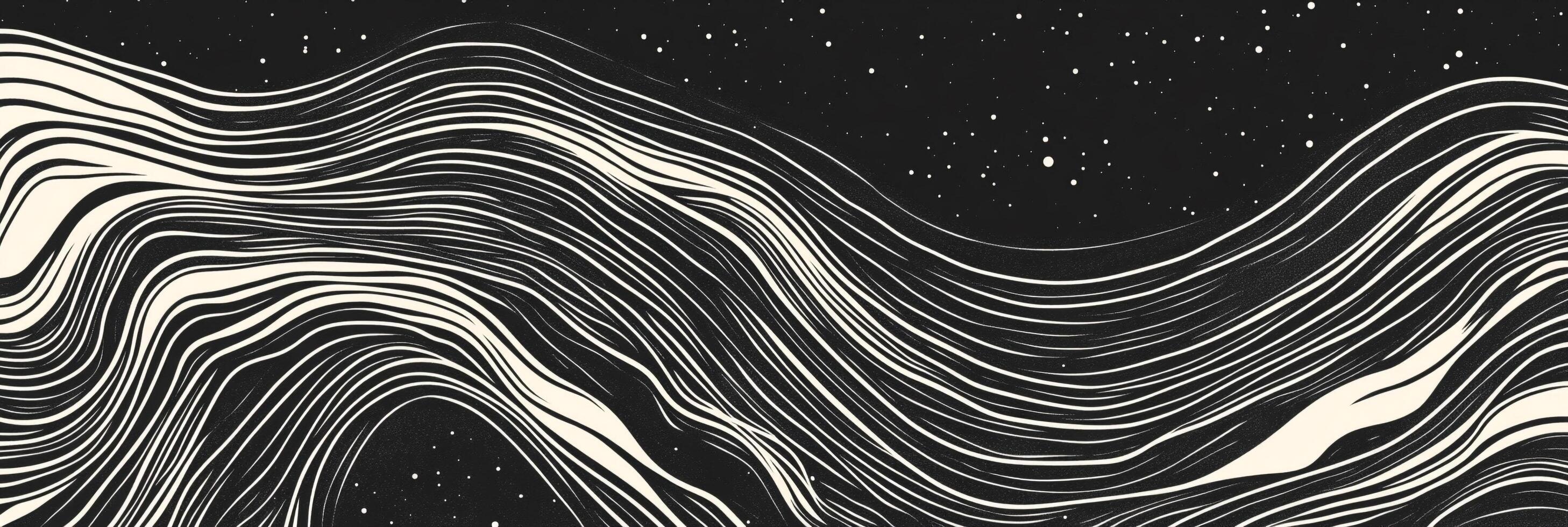 Abstract design with flowing white lines on a black background with starry sky creating a sense of movement and depth. photo