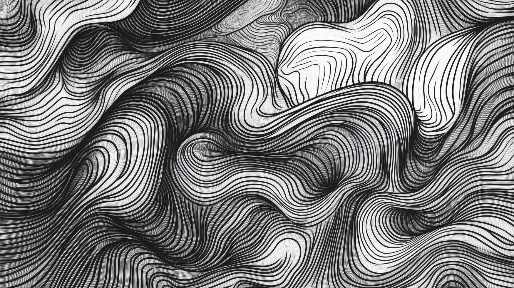A black and white abstract design with undulating, parallel lines that create a fluid, dynamic pattern. The artwork appears flowing and organic. photo