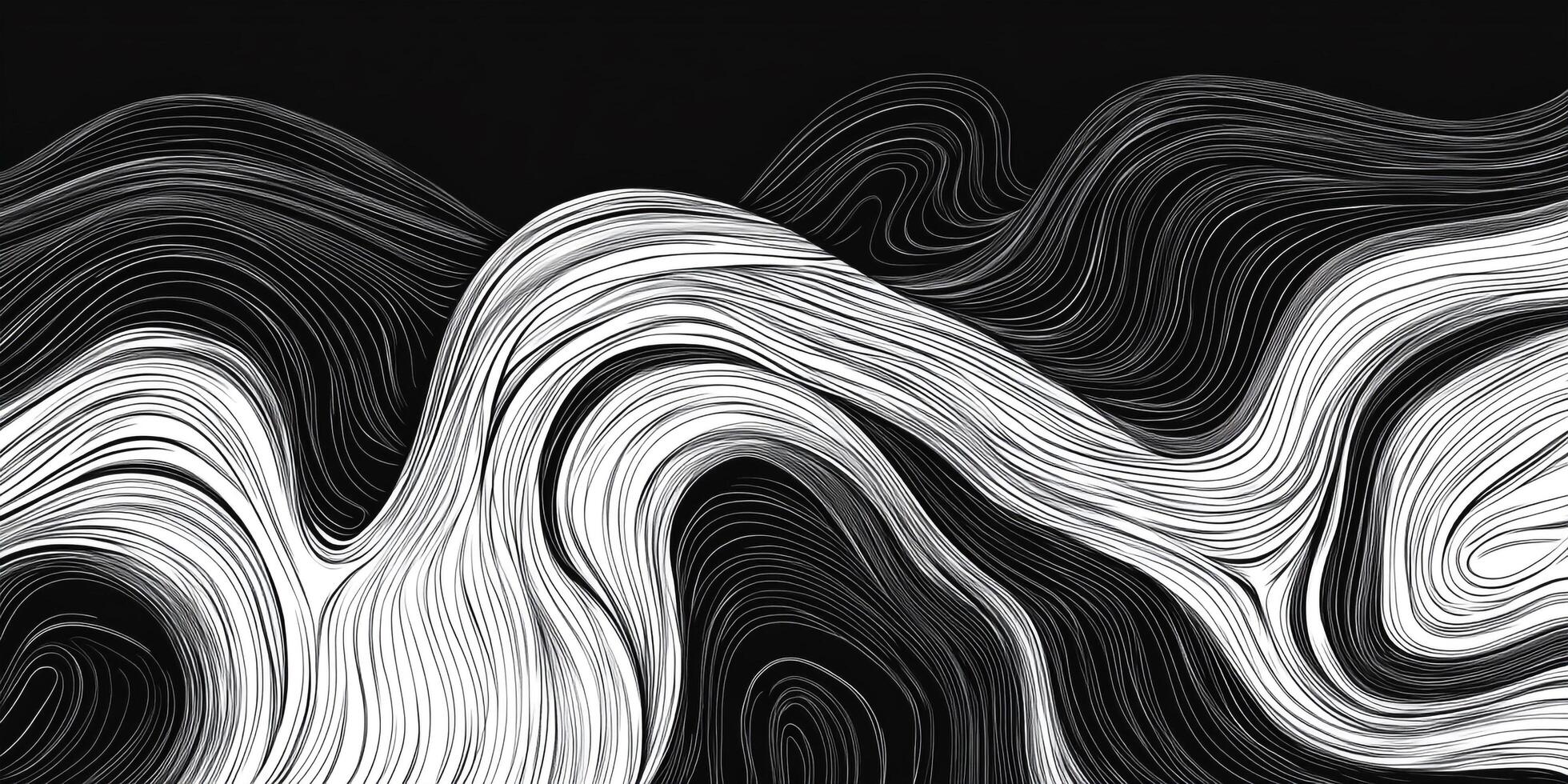 Abstract flowing lines in black and white create a dynamic and fluid artistic composition. The wave design evokes a sense of depth. photo