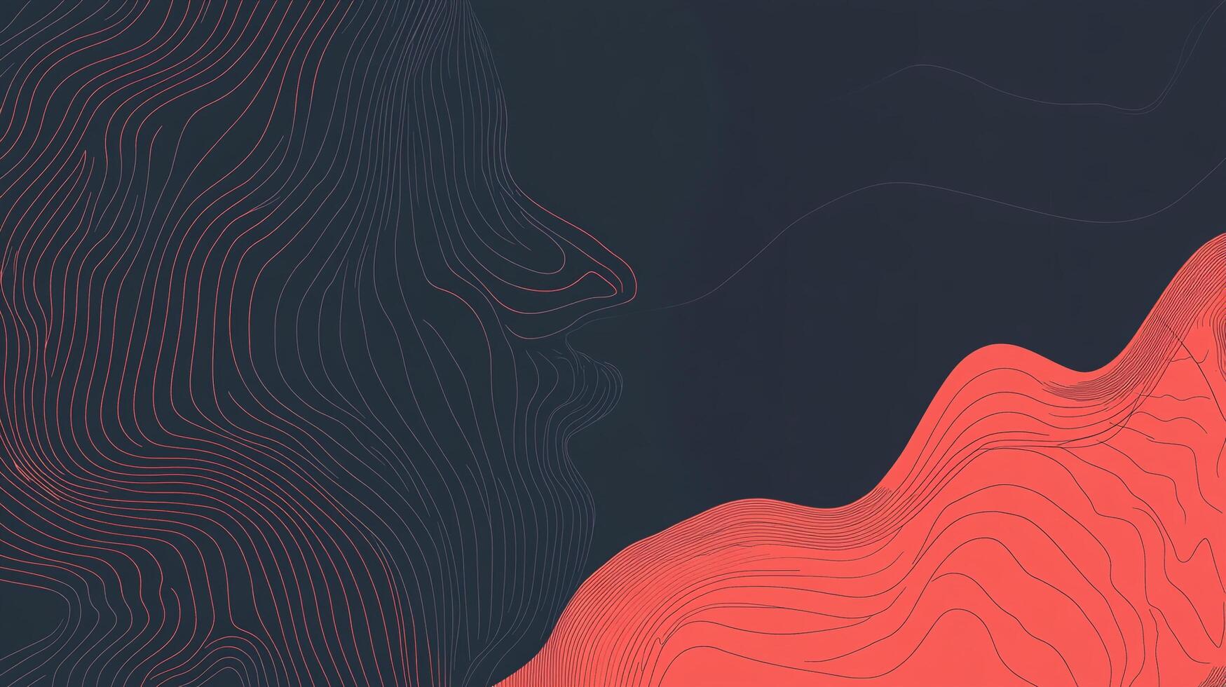 Abstract topographic landscape art with flowing lines and layered contours in a dark, modern palette of dark blue and coral. photo