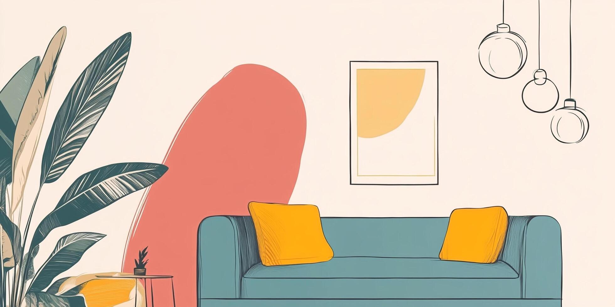 Stylized living room scene featuring a sofa, plants, artwork, and pendant lights. A serene and inviting interior aesthetic with a modern vibe. photo