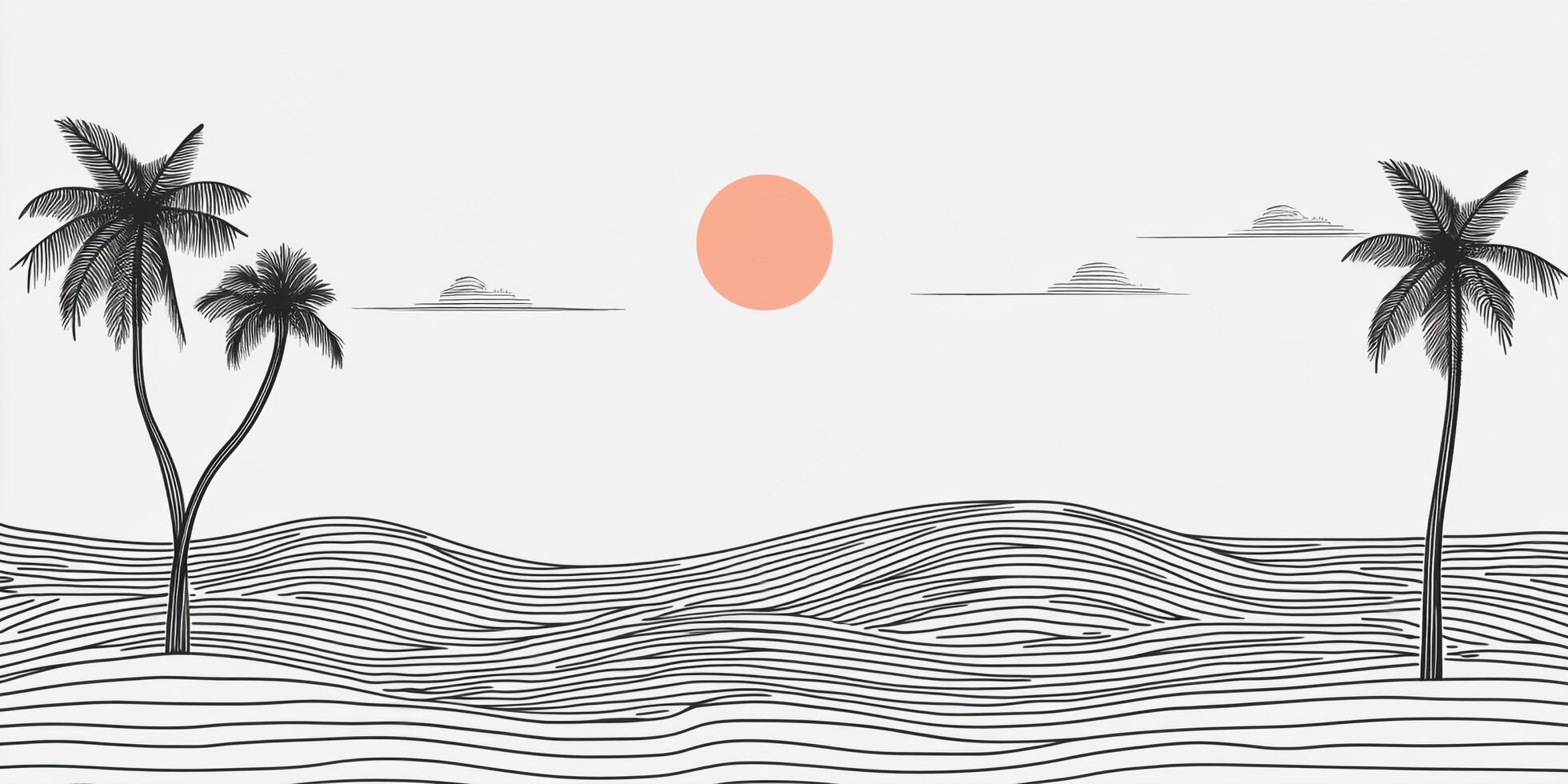 Line art illustration of a beach landscape with palm trees, a wavy ocean, a sunset and some clouds, creating a tropical and minimalist vibe. photo