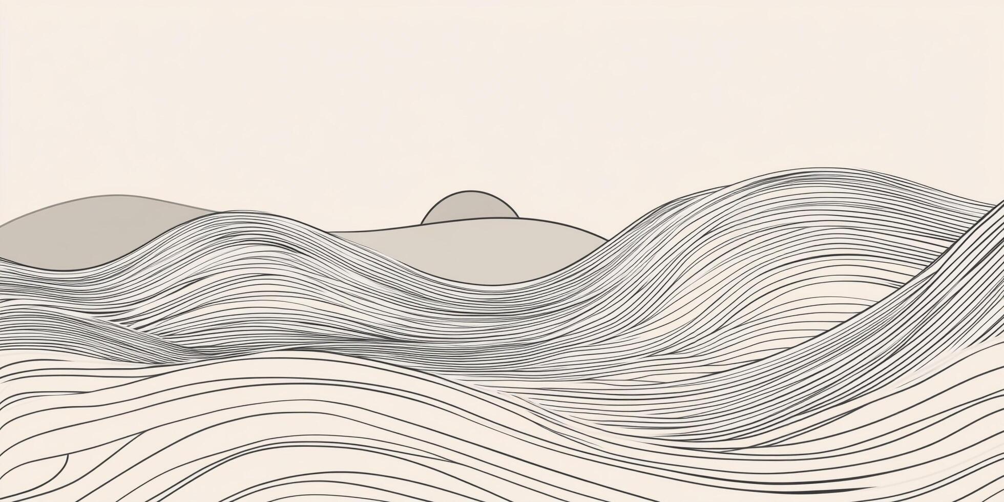 Stylized, lined landscape art. Flowing lines depict waves or rolling hills. Light beige background with a simple gray sun or moon. photo