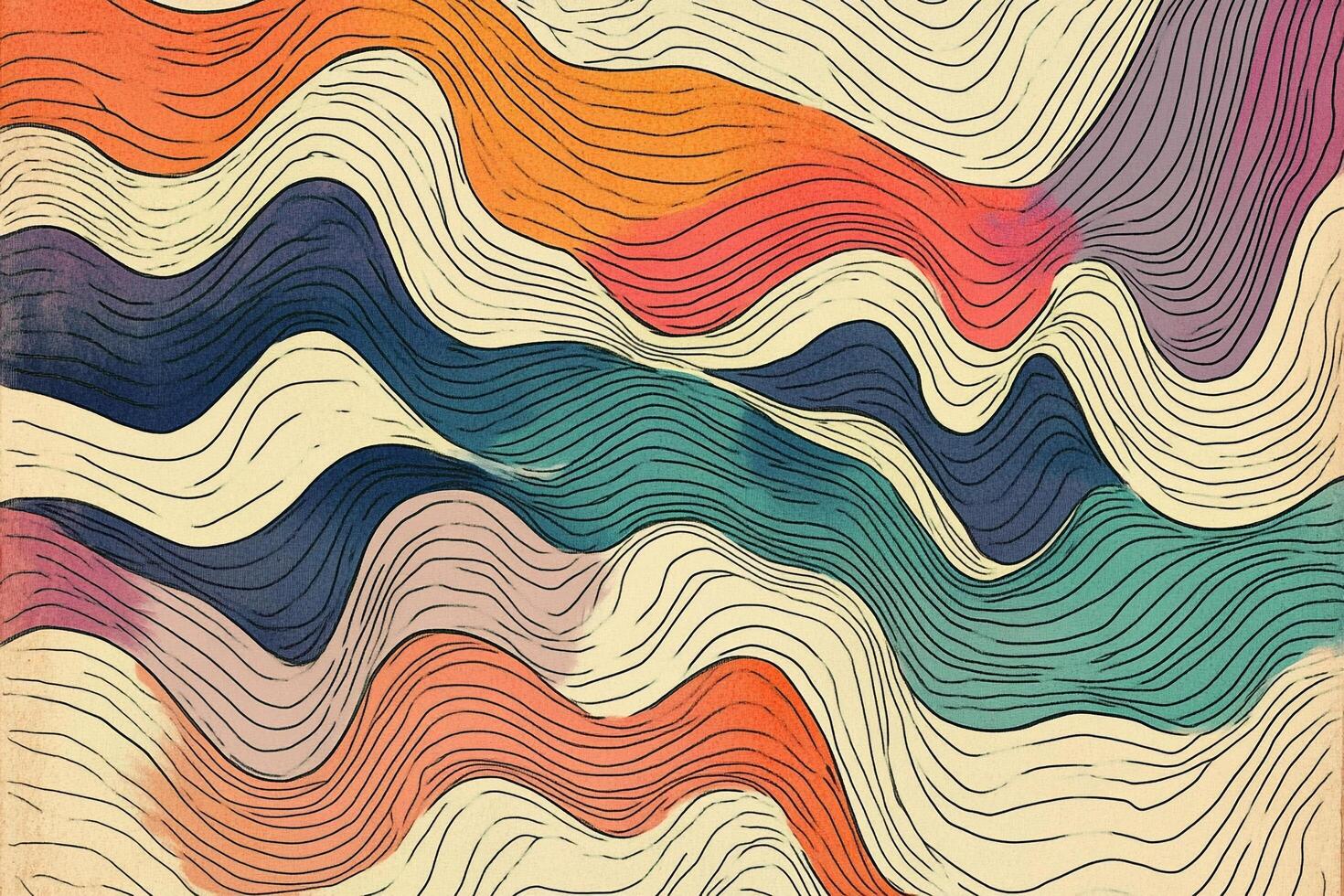 Abstract waves of orange, blue, purple, and teal flow across the canvas, delineated by black lines on a cream background, evoke movement. photo