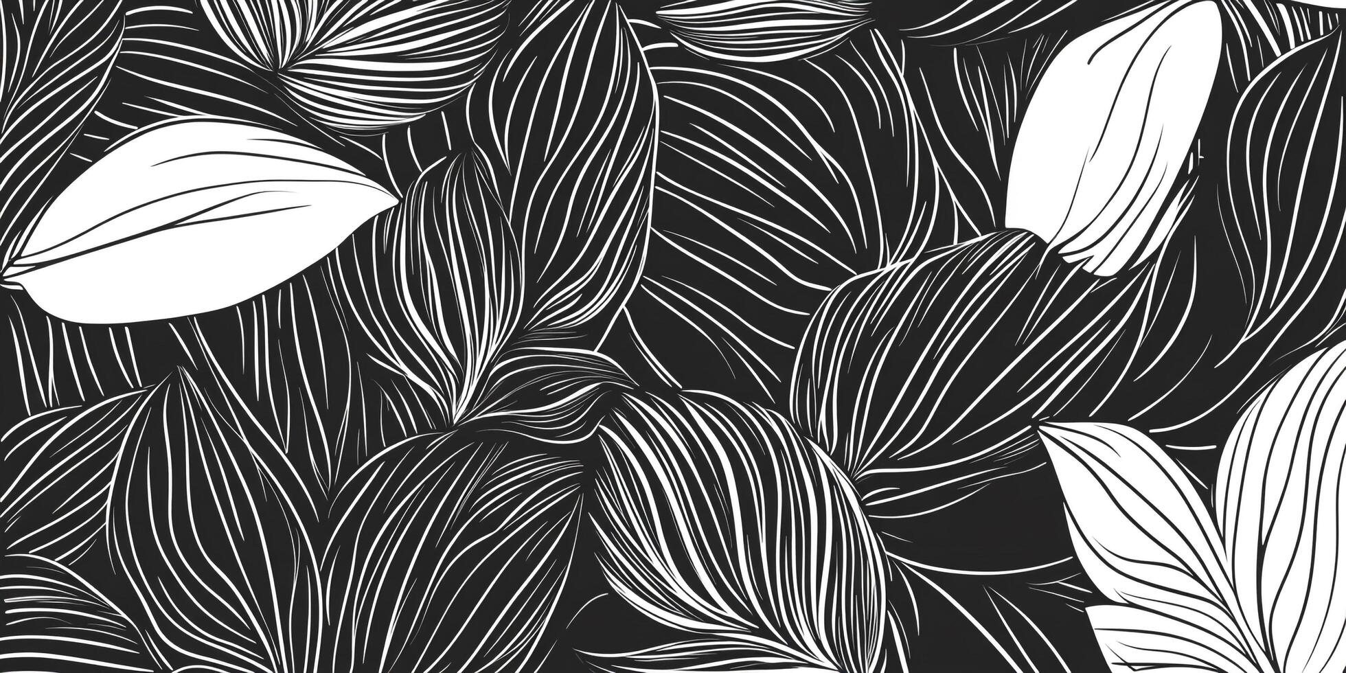 Abstract black and white background with stylized leaves and flowing lines creating a seamless botanical design. Monochromatic pattern. photo