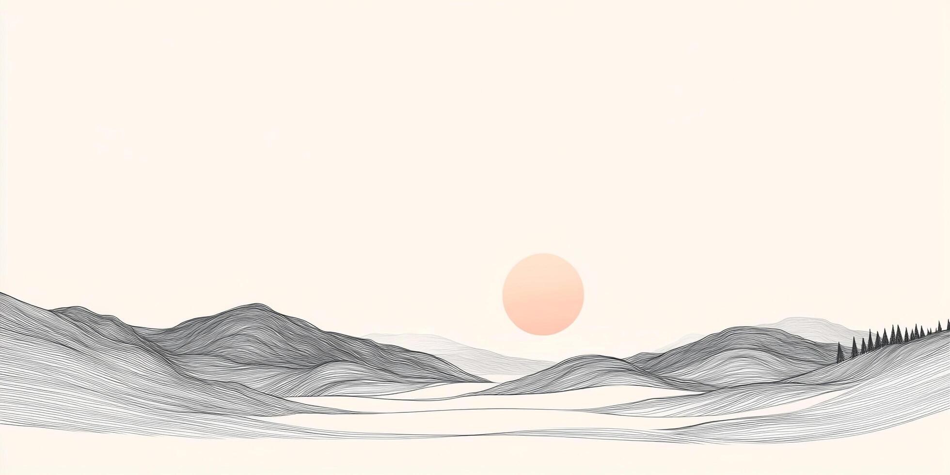 Minimalist landscape illustration with layered mountains and a subtle sunrise, blending tranquility and artistic simplicity in soft hues. photo