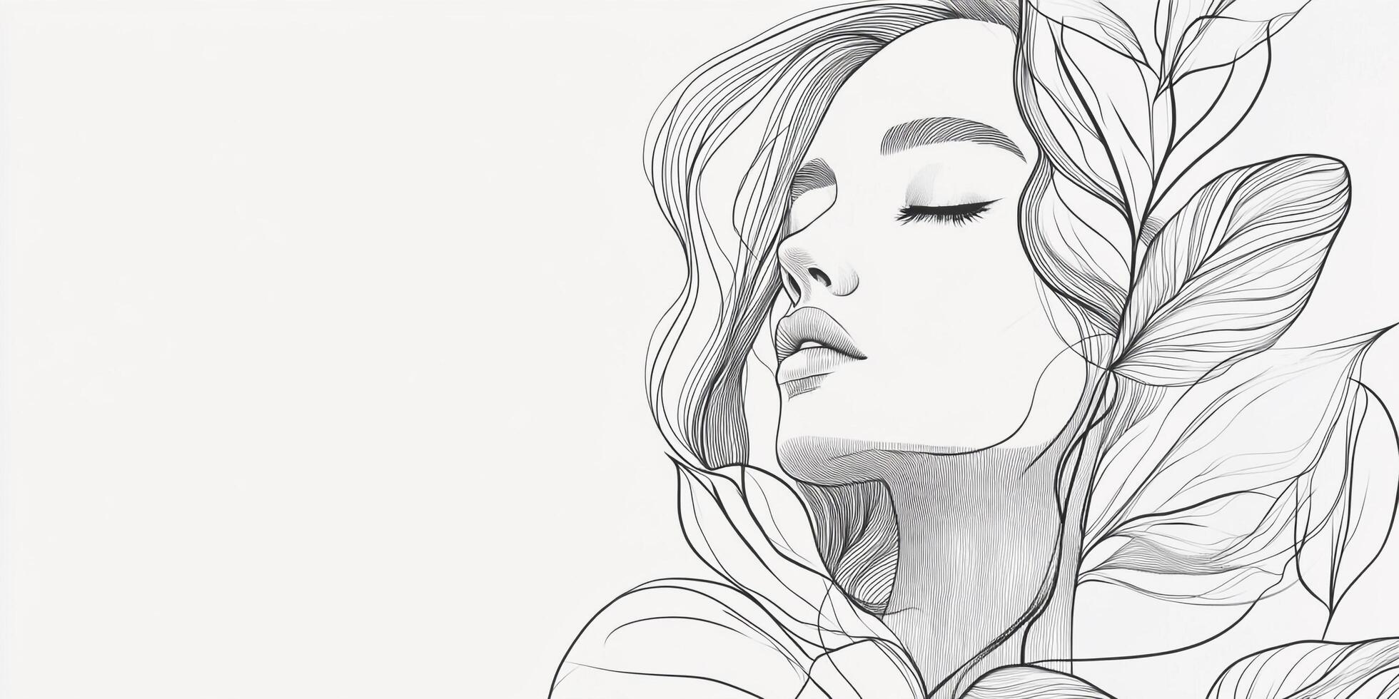 Elegant artistic representation of a woman in profile with flowing hair and botanical elements, captured in a simple black and white style. photo