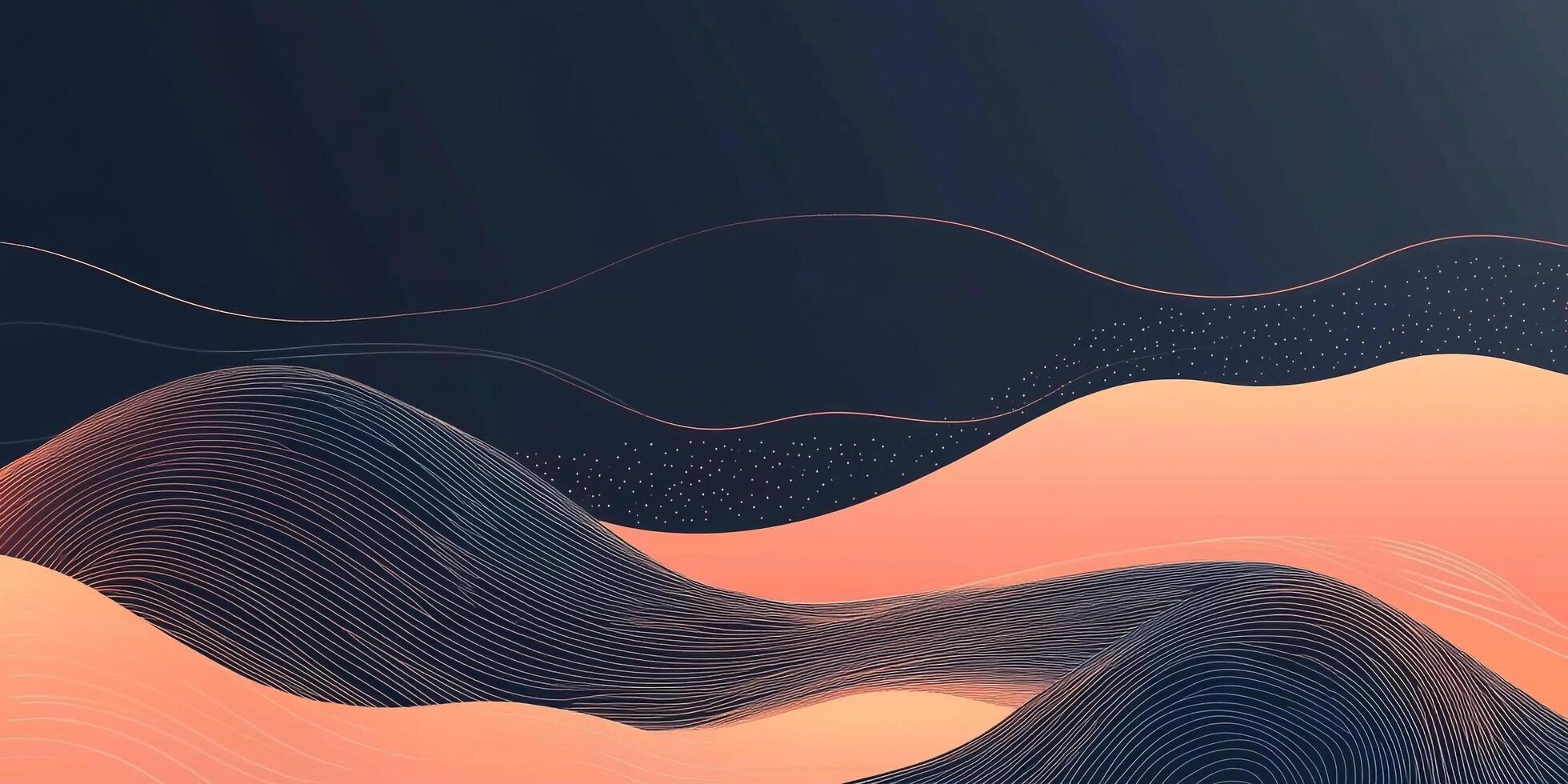 Abstract landscape featuring flowing lines in gradient colors evokes a serene atmosphere. The interplay of dark and light creates depth. photo