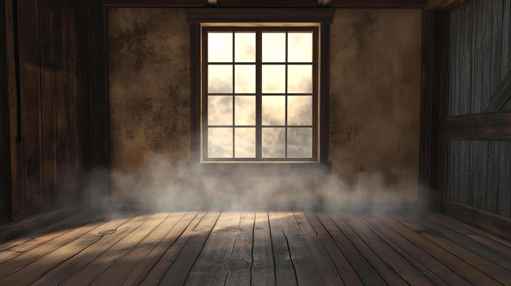 An empty, dusty room with a window that is letting the light shine inside. The atmosphere is very eery and haunted in this space. photo