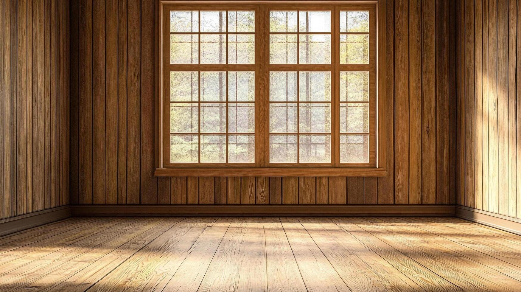 Empty room with wood paneling, window, and natural light creating a warm and inviting atmosphere. Perfect for interior design concepts. photo