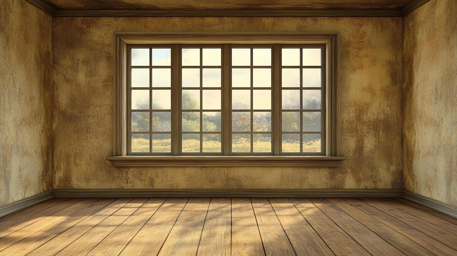 Rustic room with hardwood floor and window showing an outside scene. The natural light and warm tones create a cozy ambience. photo