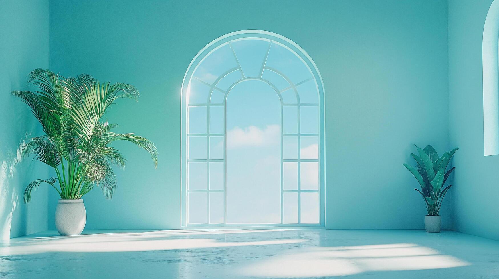 Minimalist interior bathed in soft light, featuring an arched window framing a serene sky, complemented by lush potted plants. Serene, spacious. photo
