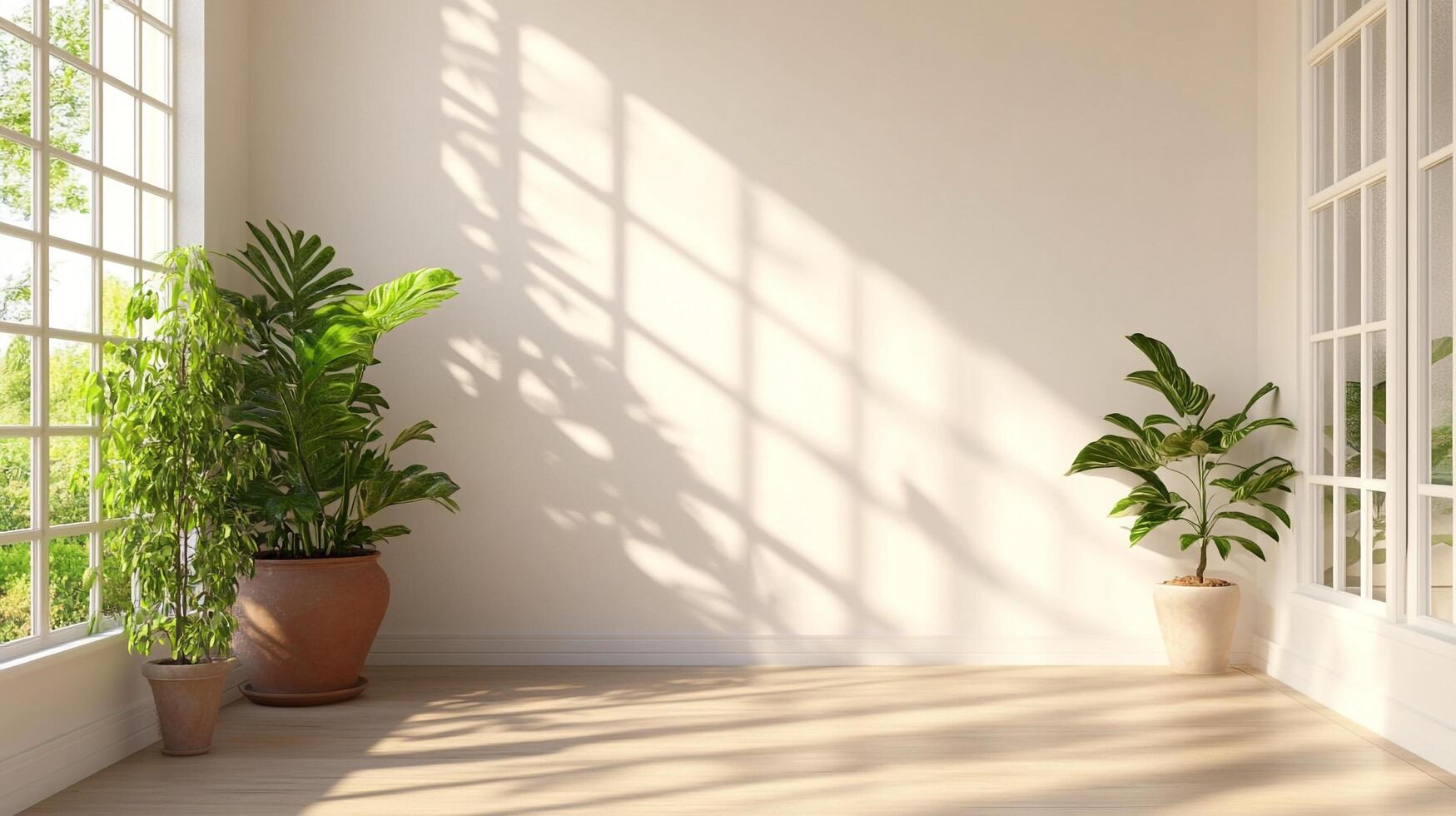 Sunlit indoor room with potted plants on the floor, sunlight is streaming through window creating shadows on the wall. Minimalist. photo