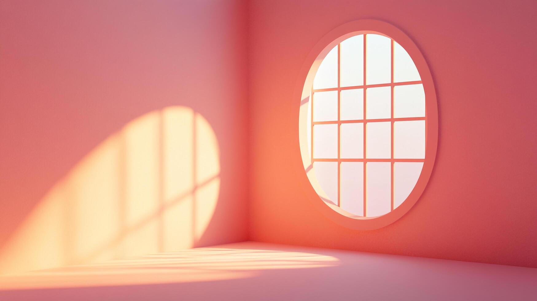 Sunlight through a round window casts shadows on a peach-colored wall, creating a warm and serene interior setting with gentle light. photo