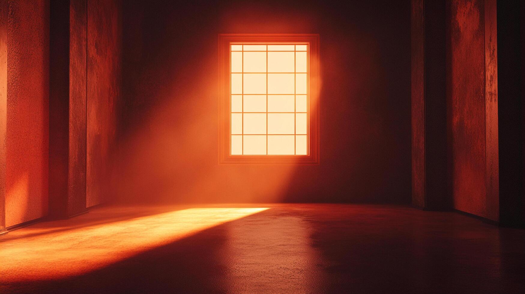 Sunlight streams through a gridded window, illuminating the empty room with warm, radiant light, creating shadows and depth. photo