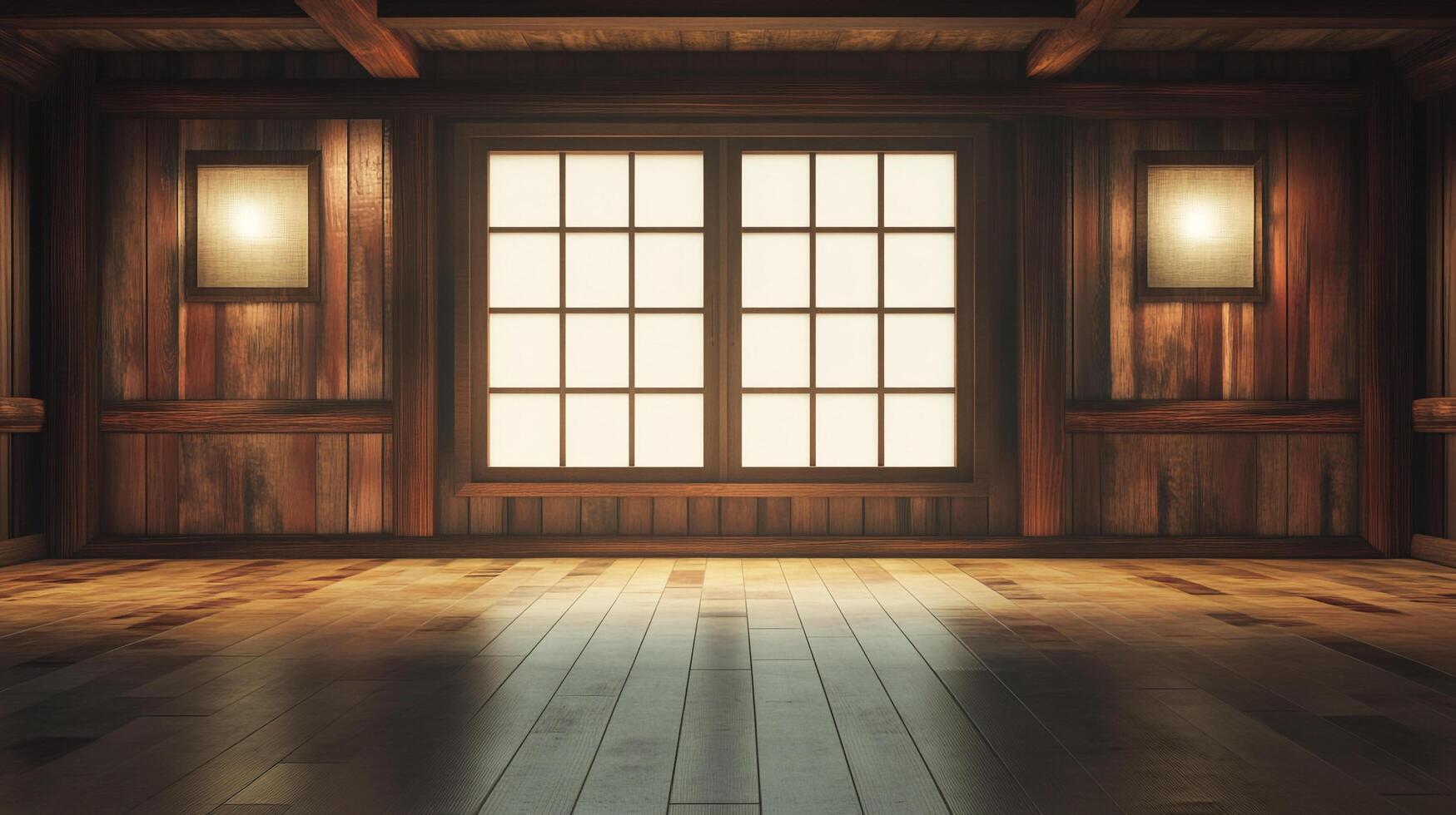 Rustic interior with a wooden floor and wall paneling, illuminated by wall sconces and a window bringing in natural light. photo