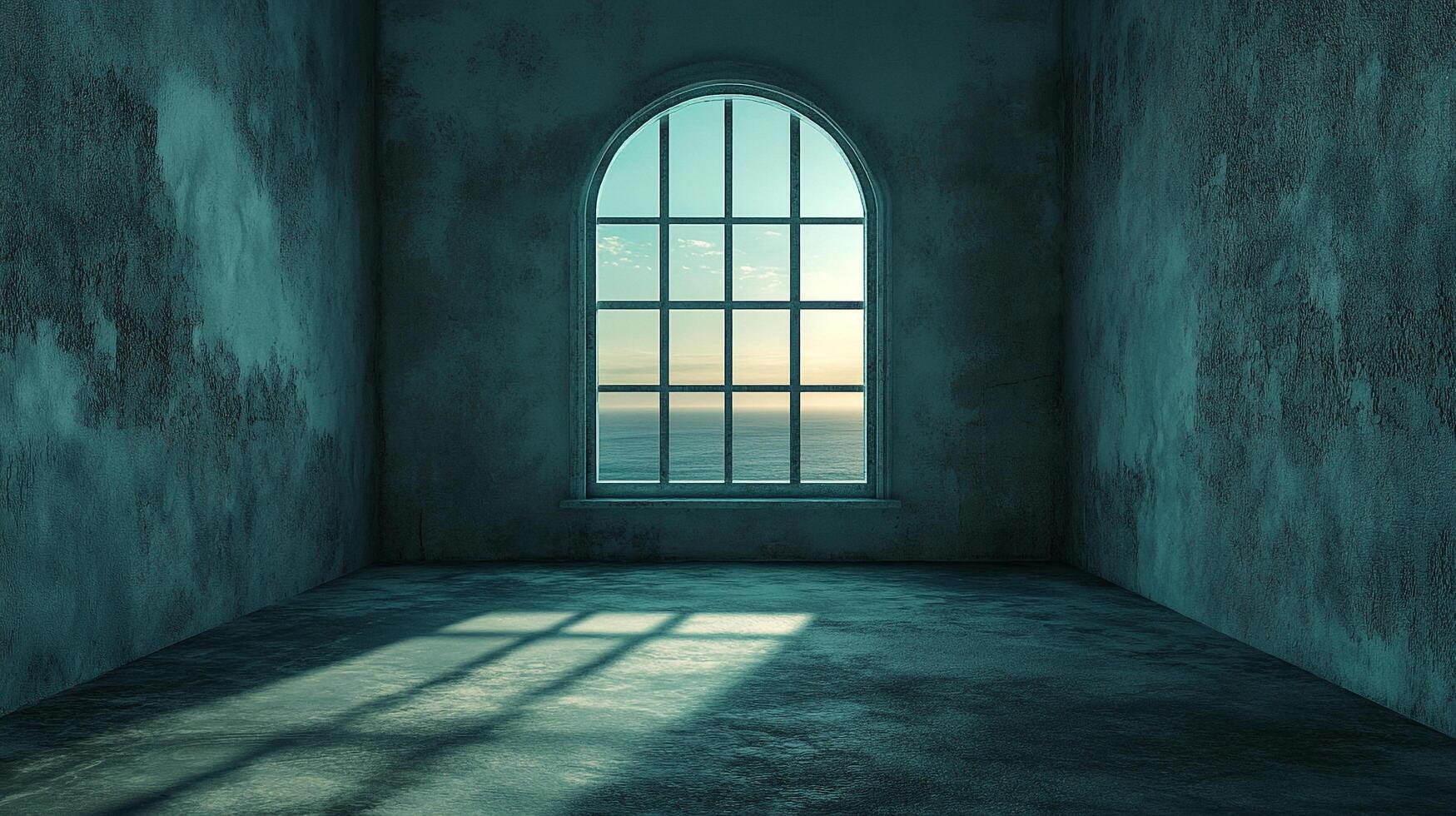 A view of the ocean shines through an arched window in a stone room. The light casts shadows on the floor, contrasting the weathered walls. photo
