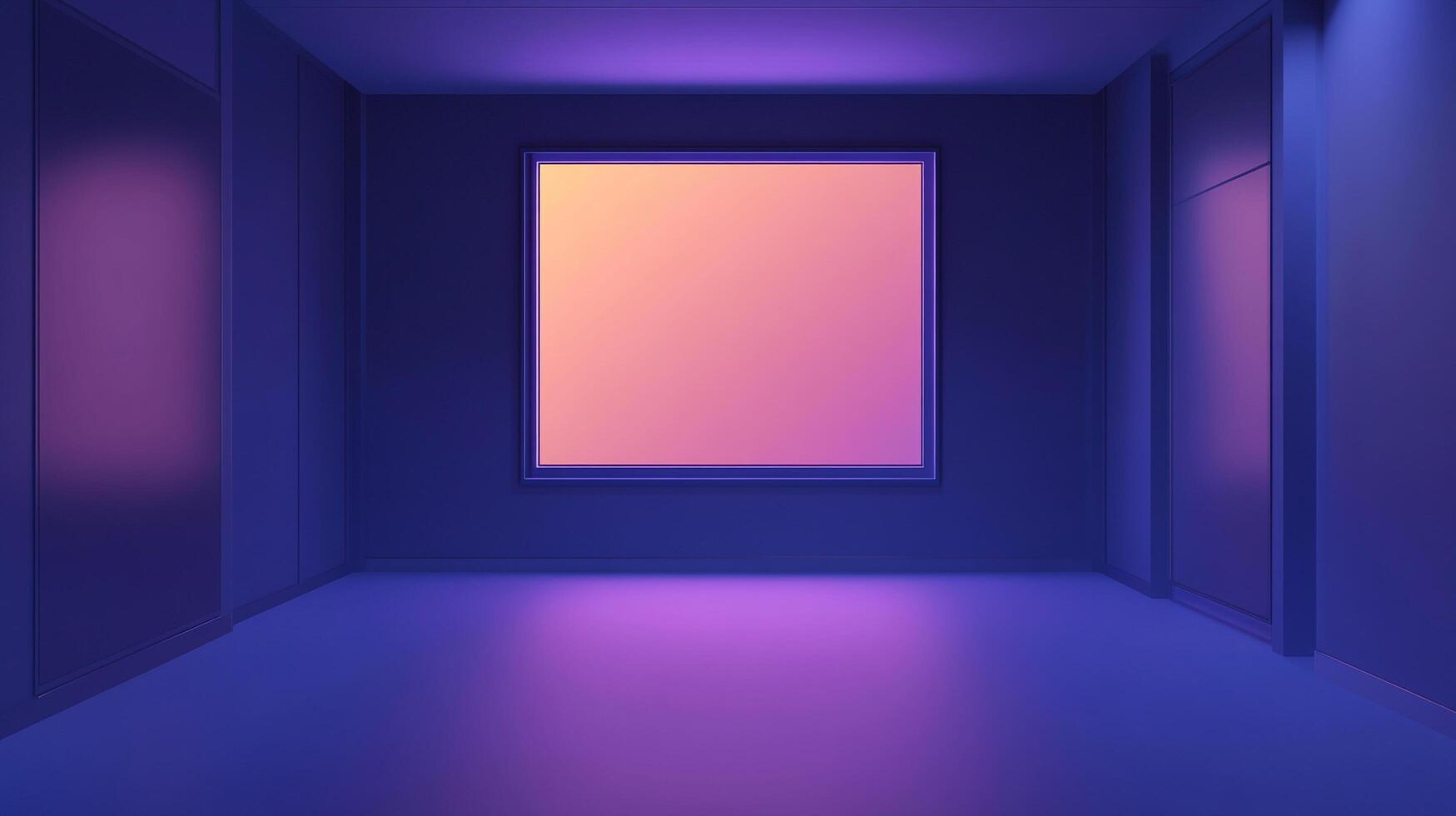 A room bathed in a gradient of purple and orange light, featuring a central window mimicking the luminescence of a sunset sky. photo