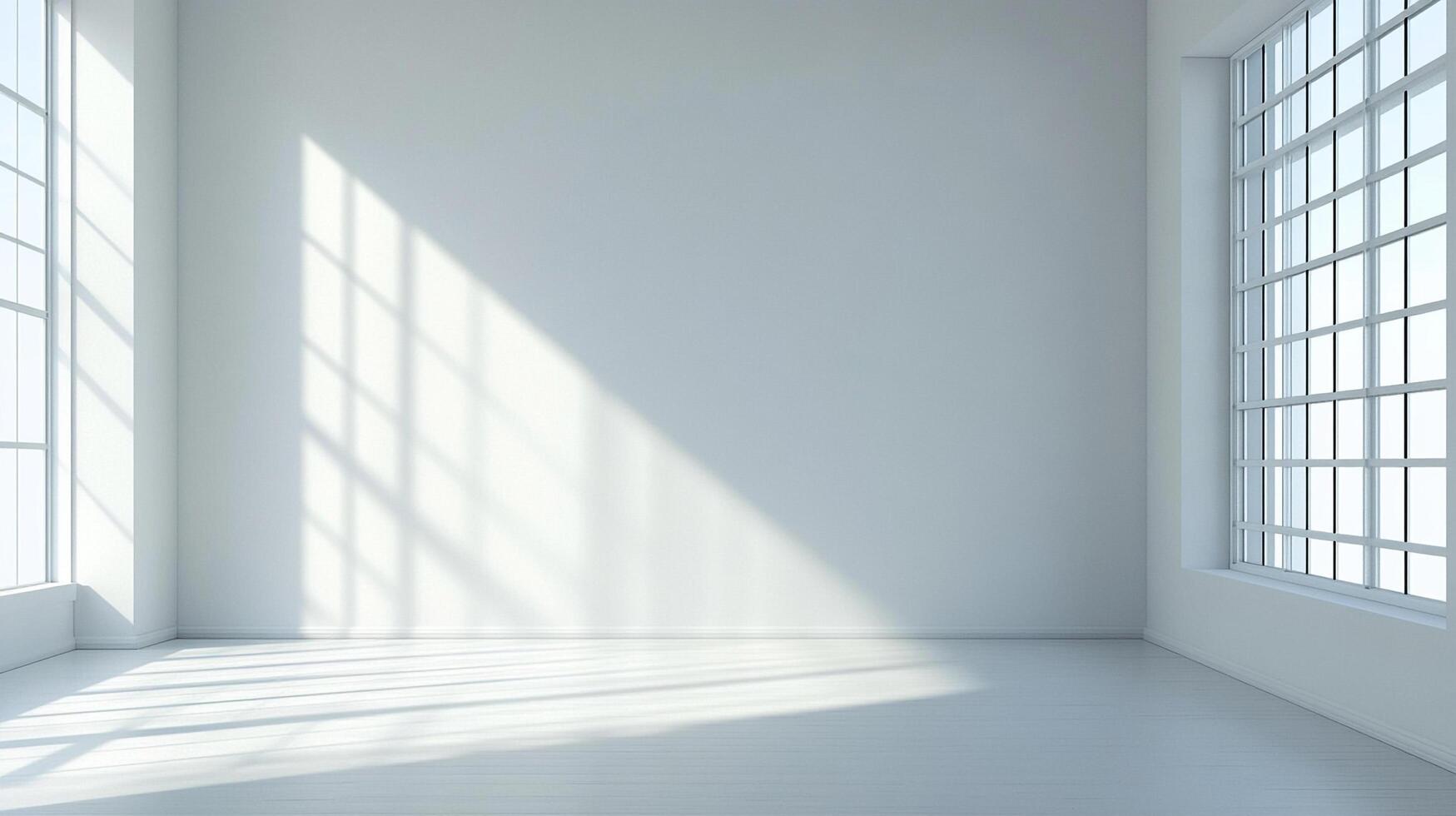 Bright, airy, light-filled room, with white walls, floor, trim and large multi-paned window allowing abundant sunlight to illuminate the space. photo