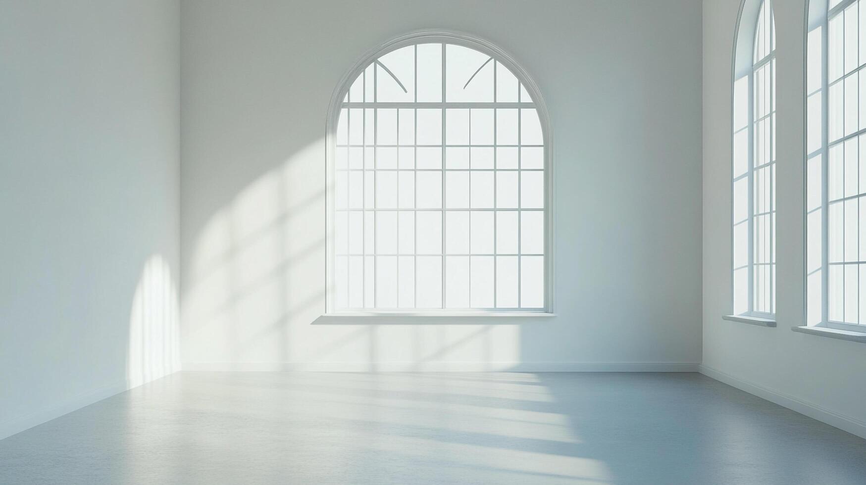 Sunlit minimalist space with arched windows, creating bright and airy ambiance, perfect for modern living or studio. photo