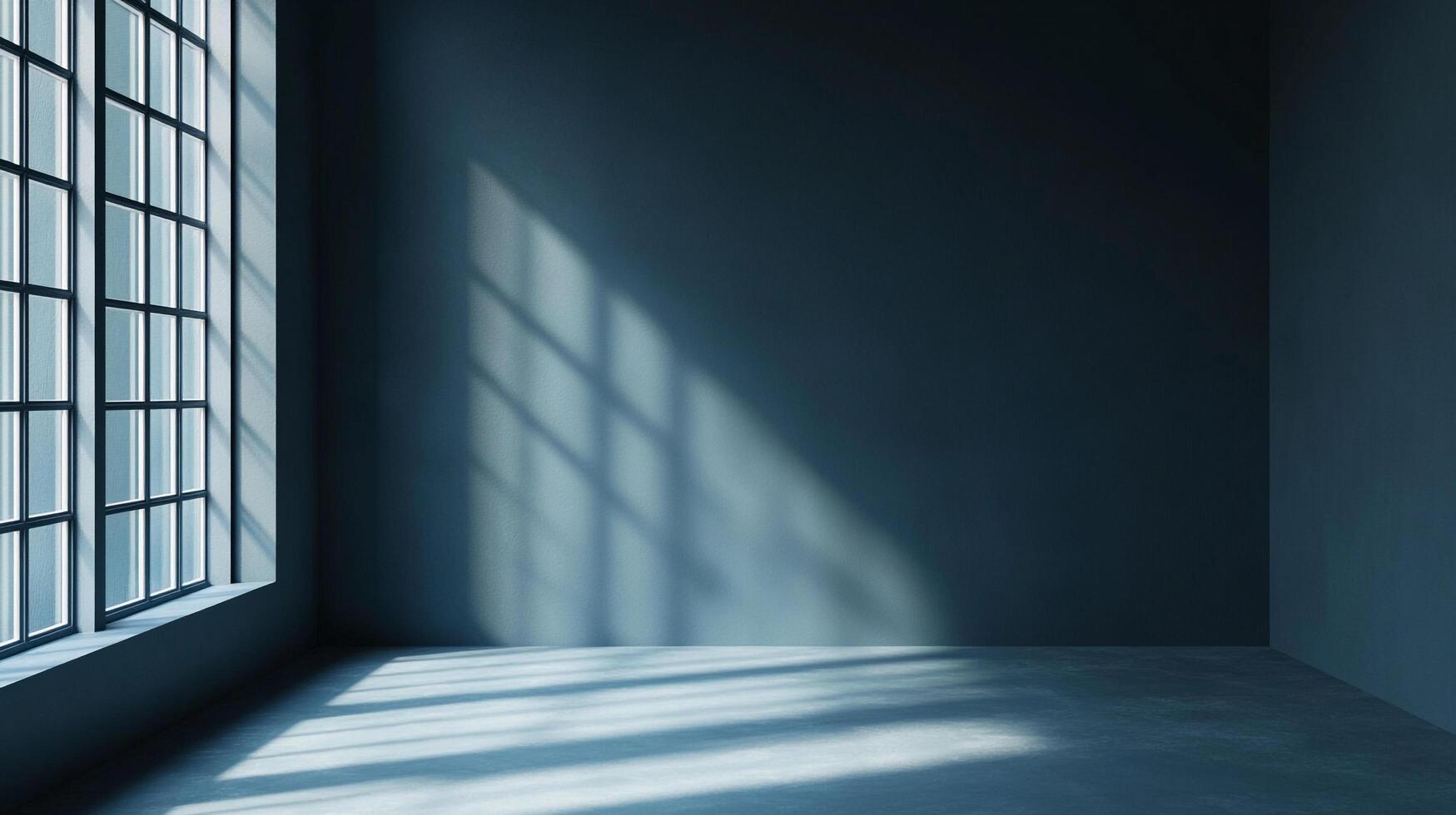 Minimalist interior space bathed in window light. A serene ambiance with geometric shadows defining the room's architecture and bare design. photo