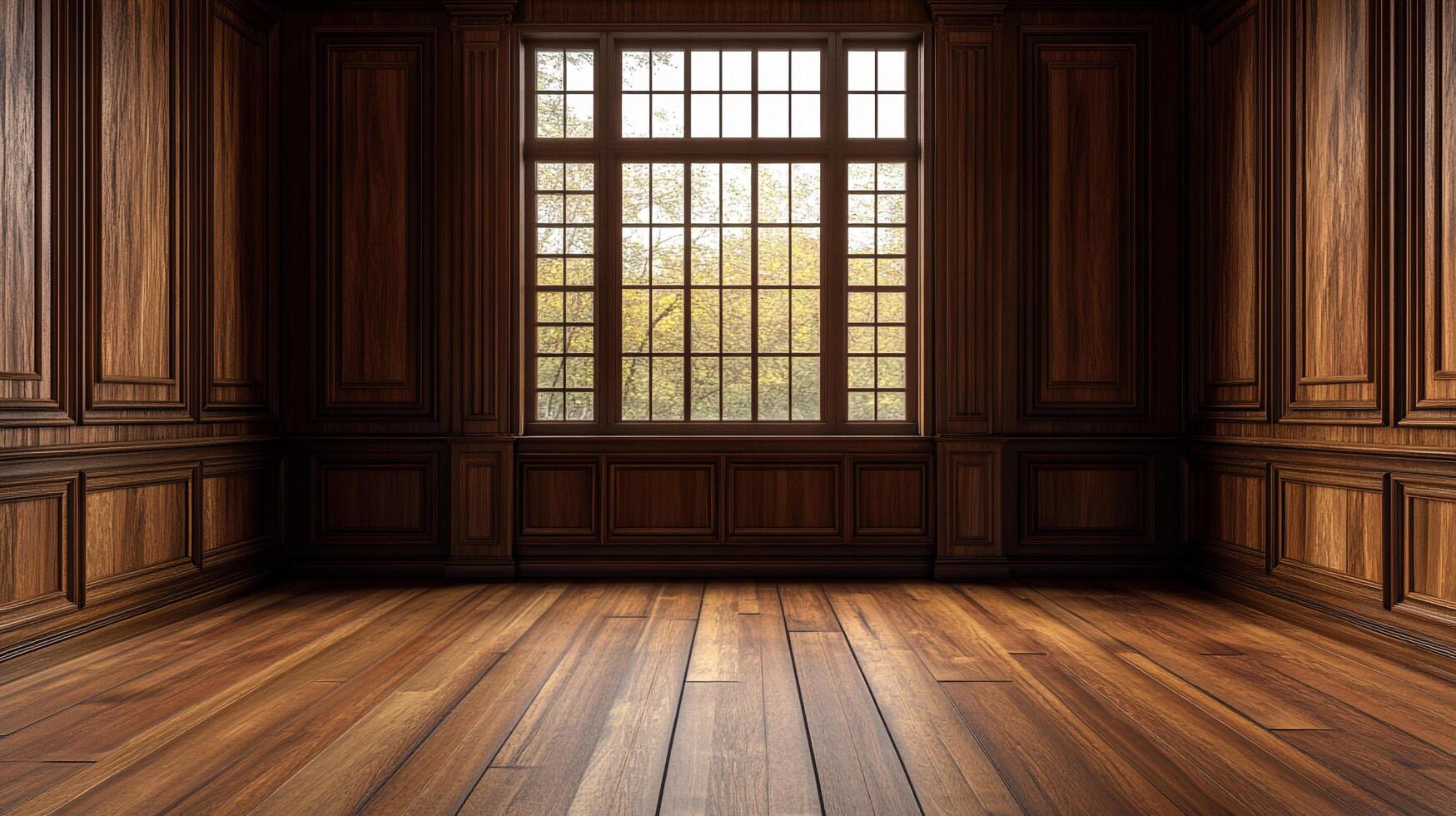 Empty wood-paneled room with a large window showcasing a lush outdoor scene, filled with natural light. Minimalistic and sophisticated design. photo