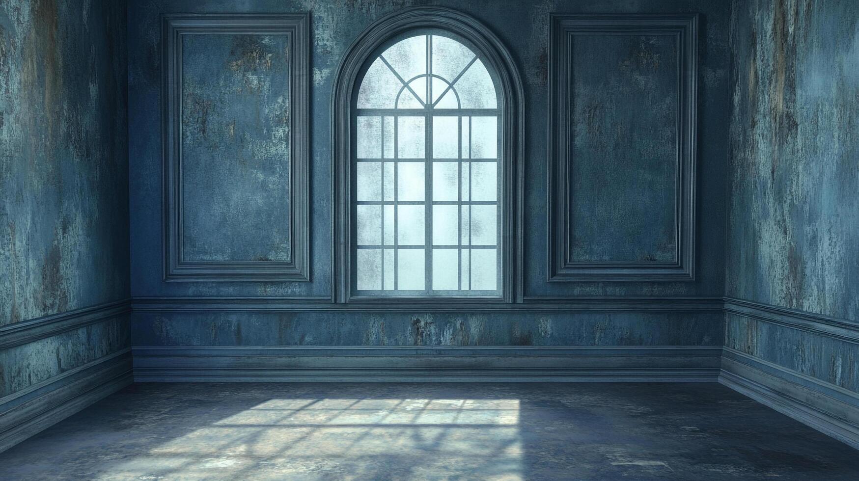 Moody room with weathered walls and an arched window, light streaming in, creating patterns on the floor, inviting contemplation. photo