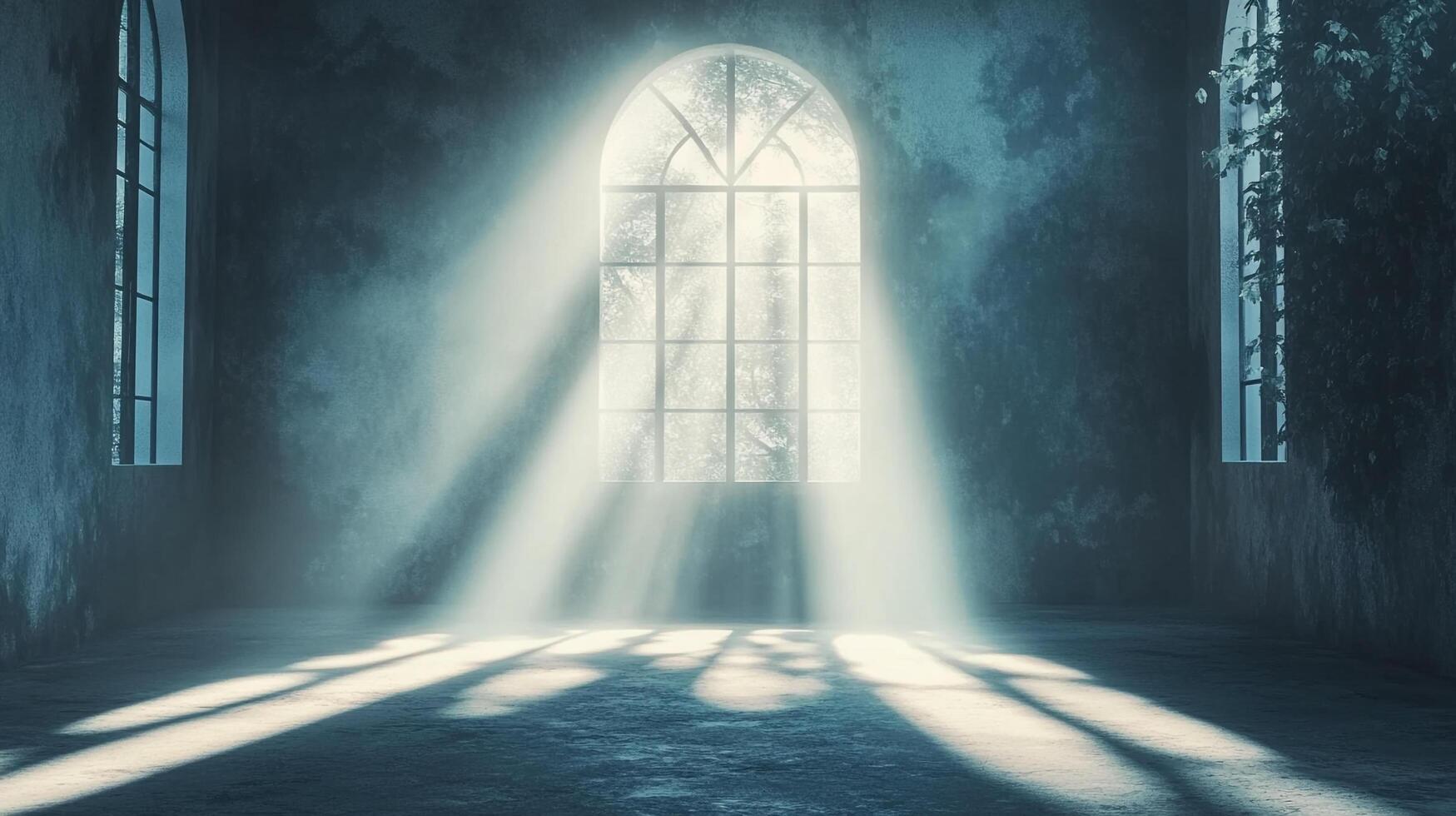 Sunlight streaming through a window creates a serene atmosphere in an empty room, evoking peace and tranquility. photo