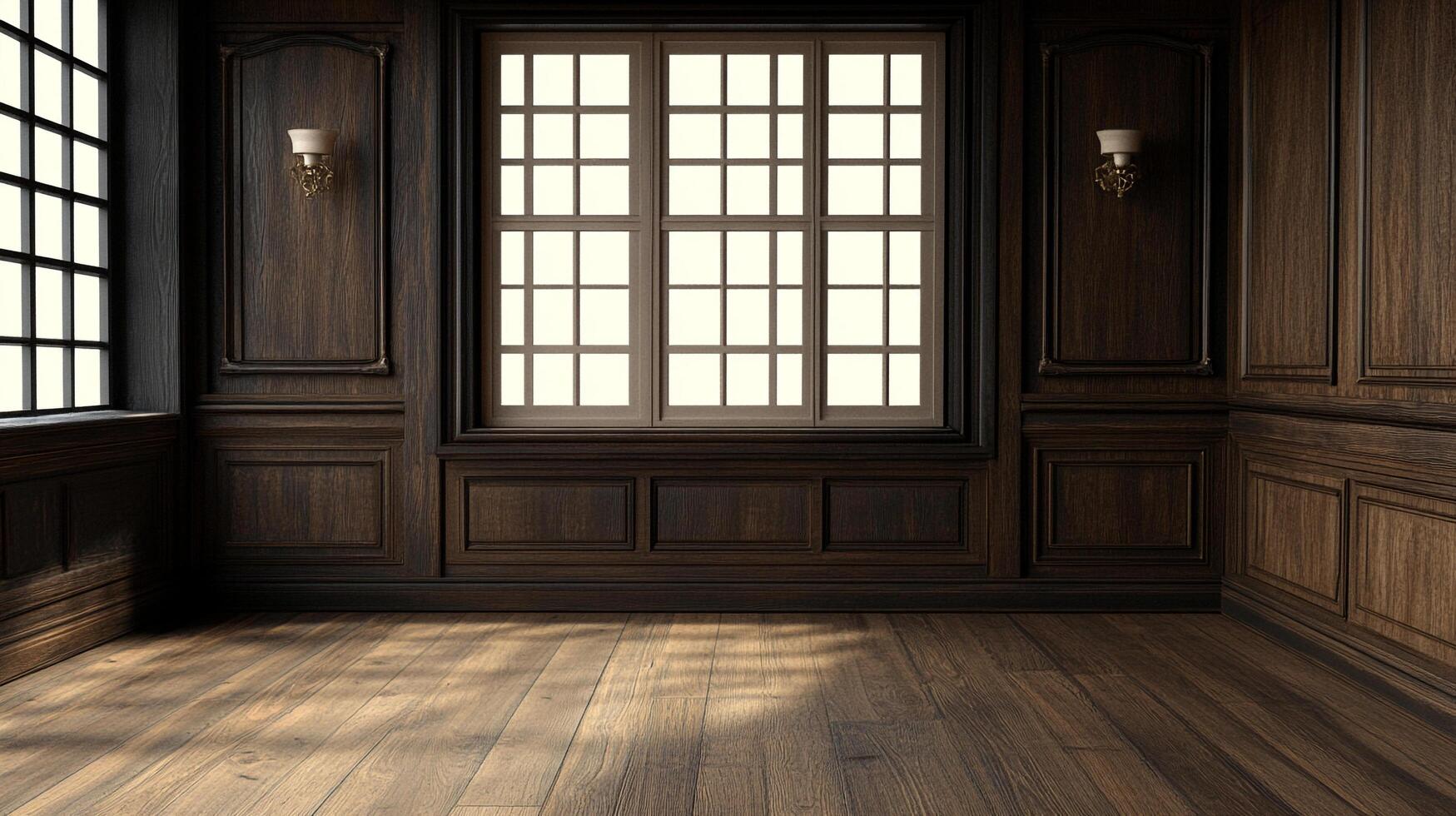 Elegant wooden room with natural light streaming through the windows. A study, library, or office evokes a sense of timeless sophistication. photo
