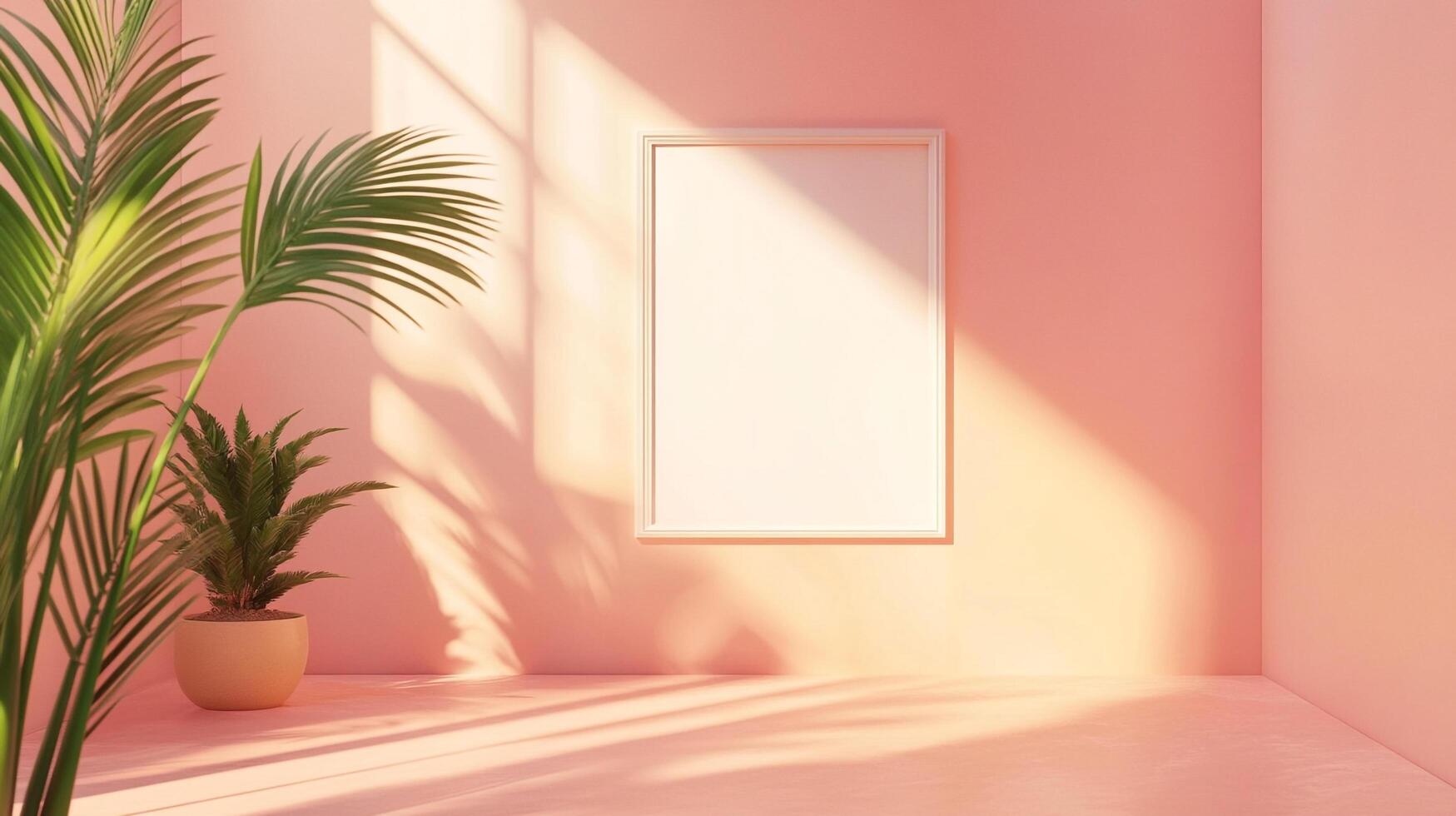 A soft pink room is bathed in sunlight, with a framed empty canvas and lush green plants enhancing the tranquil, minimalist ambiance. photo