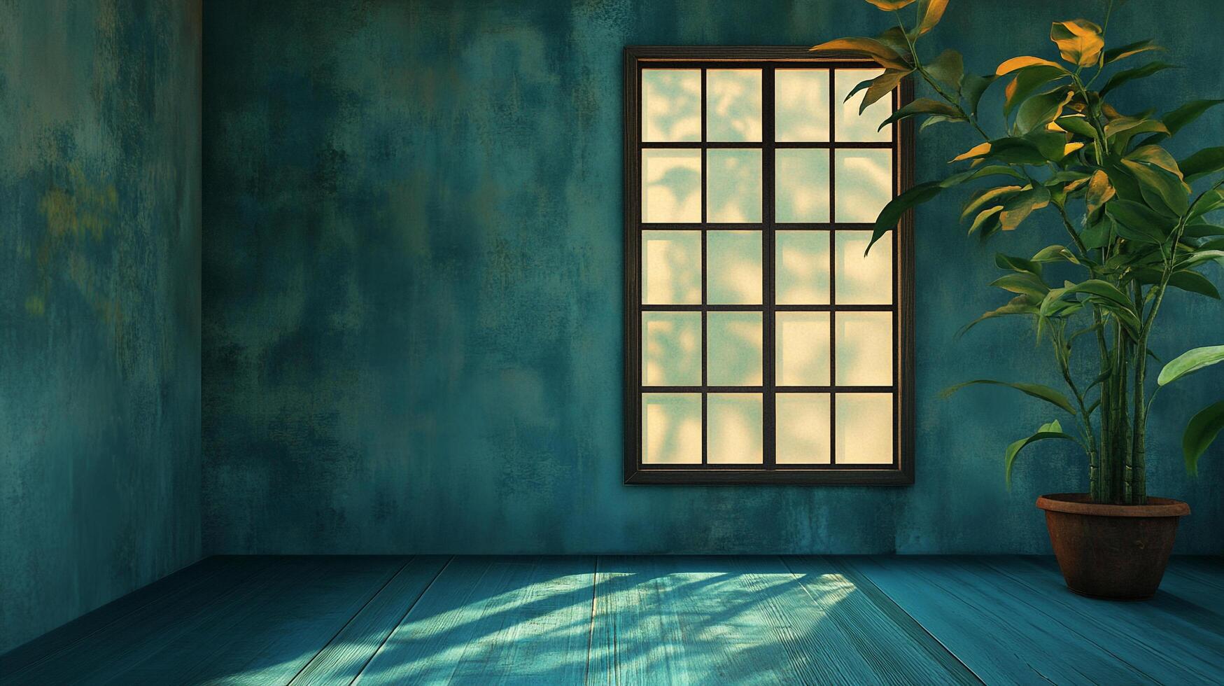 Plant and window in turquoise room. Sunlight streams through window, adding warmth. Simple beauty in an empty room with wooden floors. photo